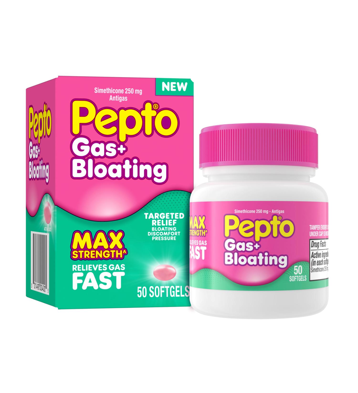 Pepto Gas + Bloating Simethicone 250 mg Softgels 50 Count Gas Relief for Adults Anti Gas and Bloating Gas Relief Maximum Strength - Buy Online on GoSupps.com