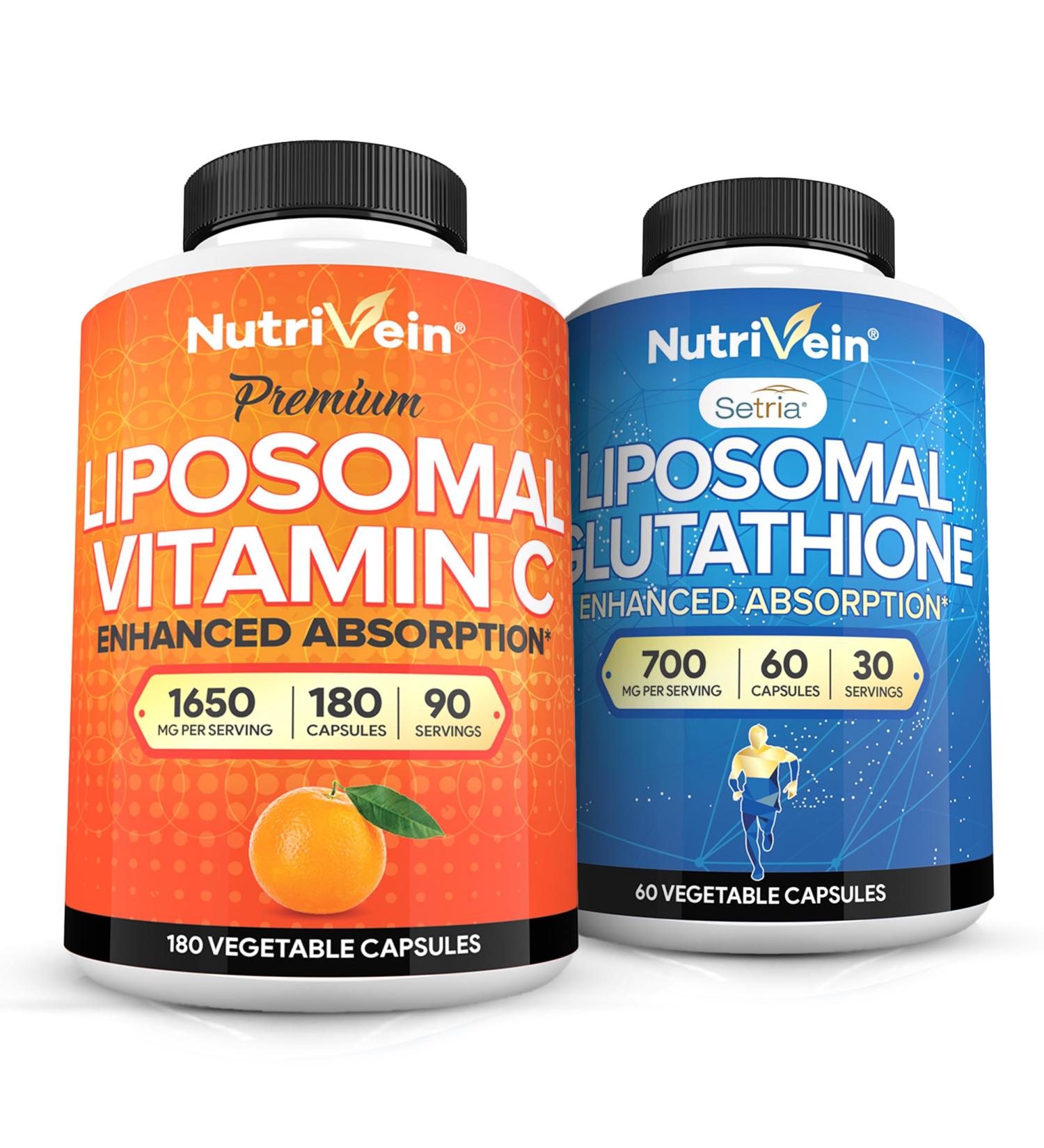Nutrivein Premium Liposomal Vitamin C 1650mg & Liposomal Glutathione Bundle - High Absorption Ascorbic Acid Plus Master Antioxidant & Liver Cleanse - Non-GMO, Vegan/Vegetarian - 180 + 60 Capsules - Buy Online on GoSupps.com