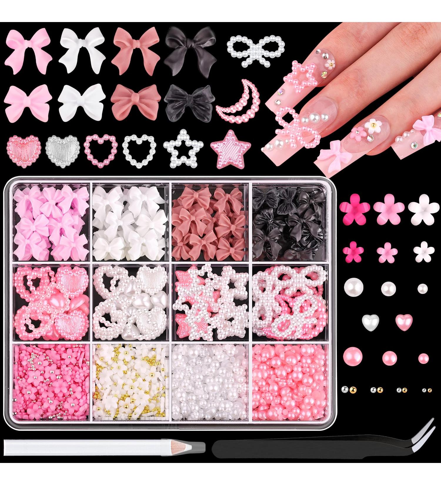 Chunky Nail Charms & Gems Set - Girly Coquette 3D Flowers Bows Pearls for Kawaii Nail Art | Assorted Nail Decor with Pickup Tool - Buy Online on GoSupps.com