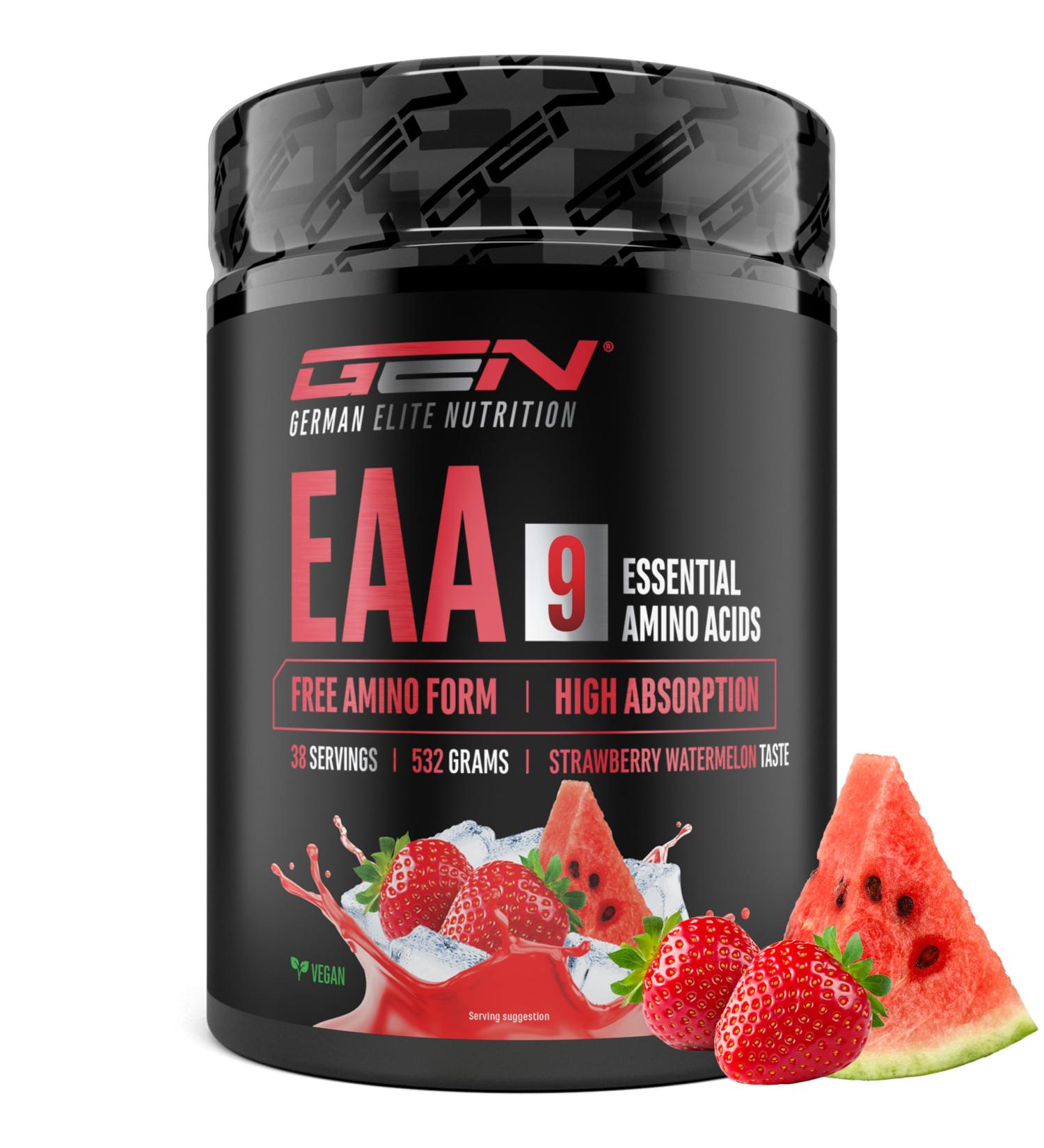  GEN GERMAN ELITE NUTRITION EAA Powder 532g (38 servings) - All 9 essential amino acids including histidine & BCAAs - Human Code formula - Very good solubility - Refreshing amino acid drink (Strawberry Watermelon) - Buy Online on GoSupps.com