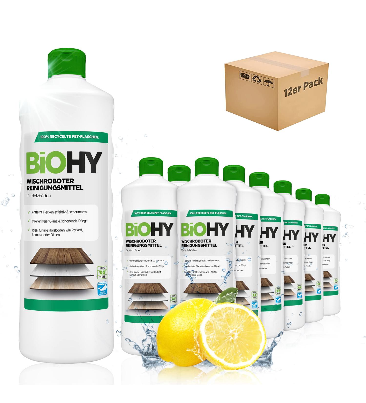 Biohy Wischroboter Cleaning Agent - 12 x 1L Soil Cleaner for Wooden Floors Laminate & Parquet Care - Low-Foam Concentrate for Strip-Free Shine - Buy Online on GoSupps.com