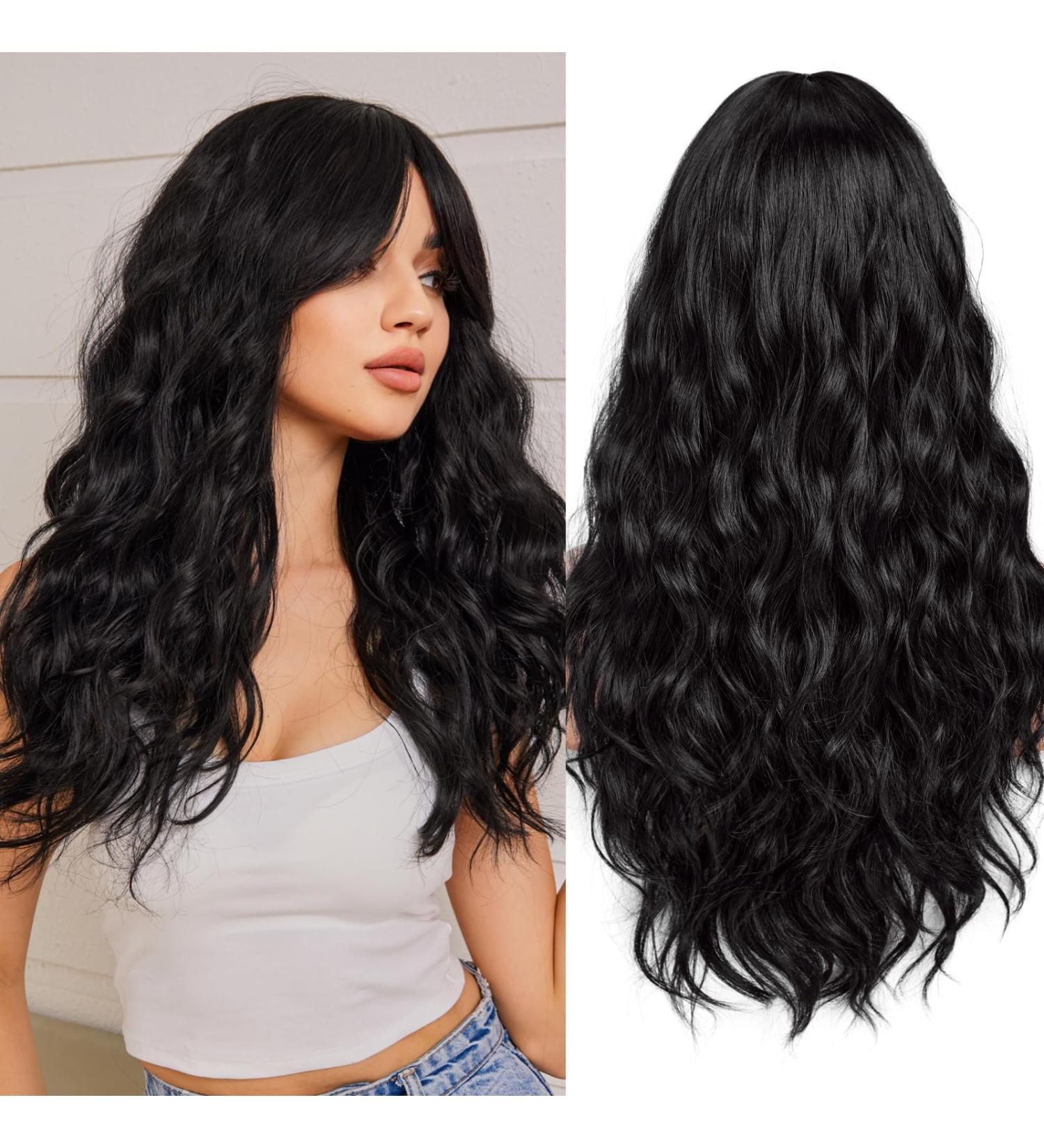 Wokestar Long Black Synthetic Hair Wig with Curtain Fringe for Women - Buy Online on GoSupps.com