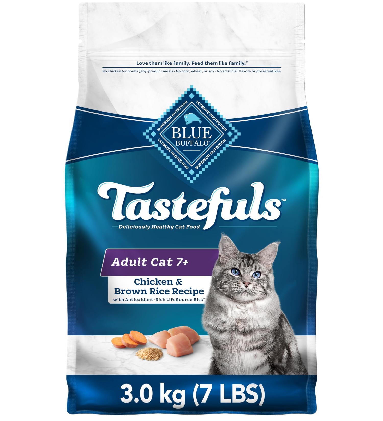 Blue Buffalo Healthy Aging Natural Mature Dry Cat Food Chicken And Brown Rice 3.1kg bag - Medium Bag kibble Medium Bag 7+ Mature - Buy Online on GoSupps.com