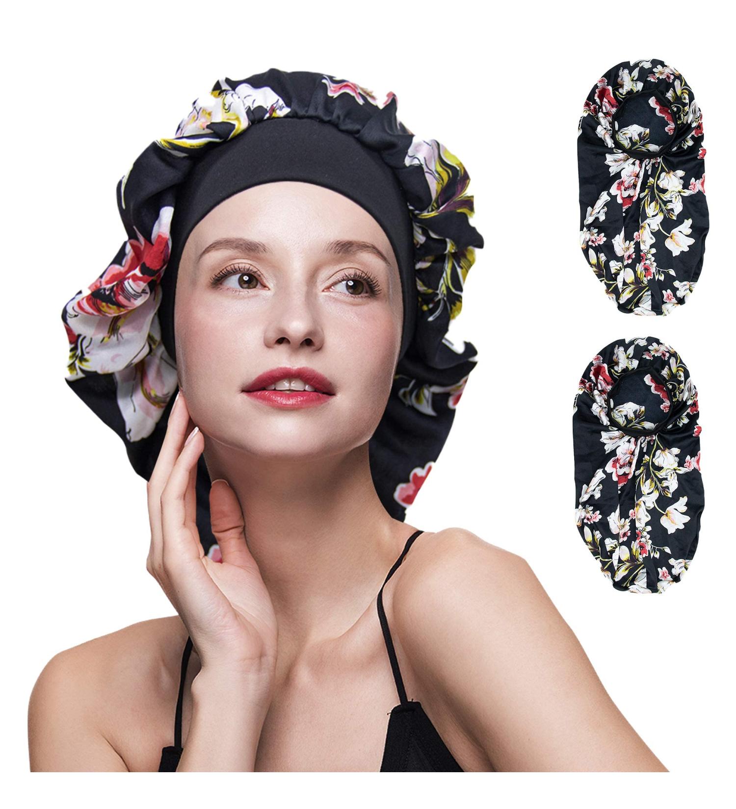 LIIBOT Long Silk-Satin Bonnet for Women - 2 PCS Large Night Cap for Curly Hair | Multicolor Sleep Cap for Dreadlock Braid Styles - Buy Online on GoSupps.com