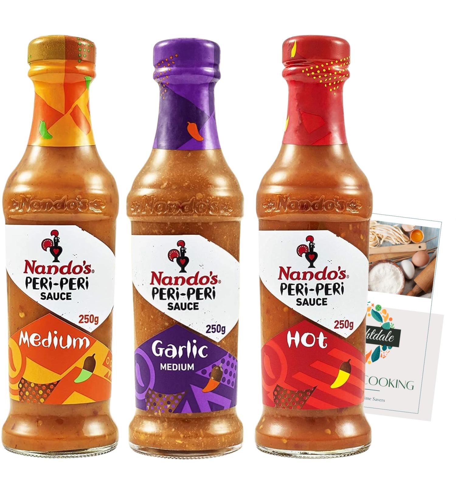 Assorted Sauce Bundle with Nando's Peri-Peri Hot Medium and Garlic 250g each + Brightdale Kitchen Booklet - Buy Online on GoSupps.com