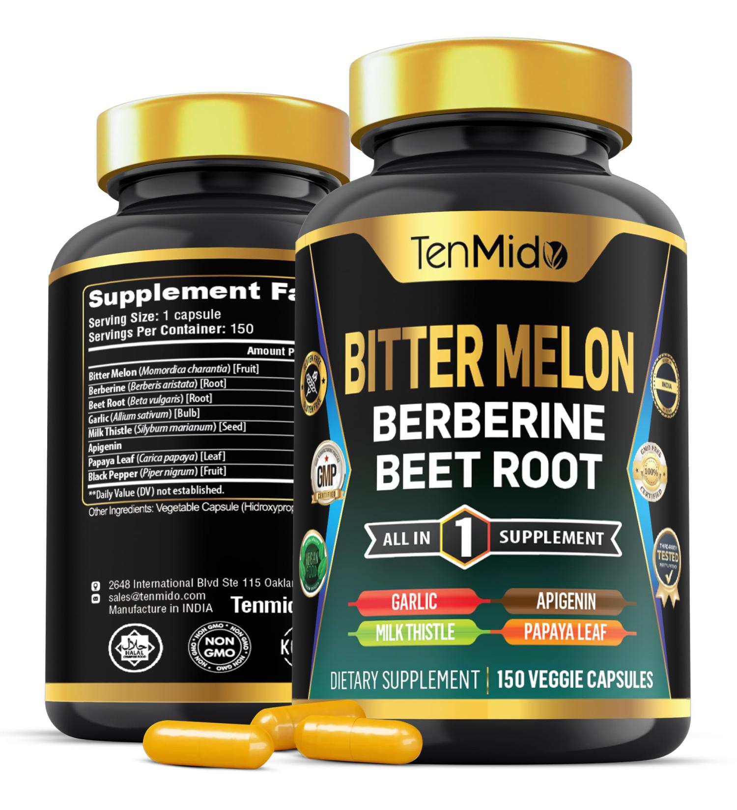 Tenmido Bitter Melon Capsules - 8in1 Formula - Combine with Berberine Beet Root Garlic Milk Thistle Apigenin Papaya Leaf and Black Pepper - 150 Vegan Capsules for 5 Months Supply - Buy Online on GoSupps.com