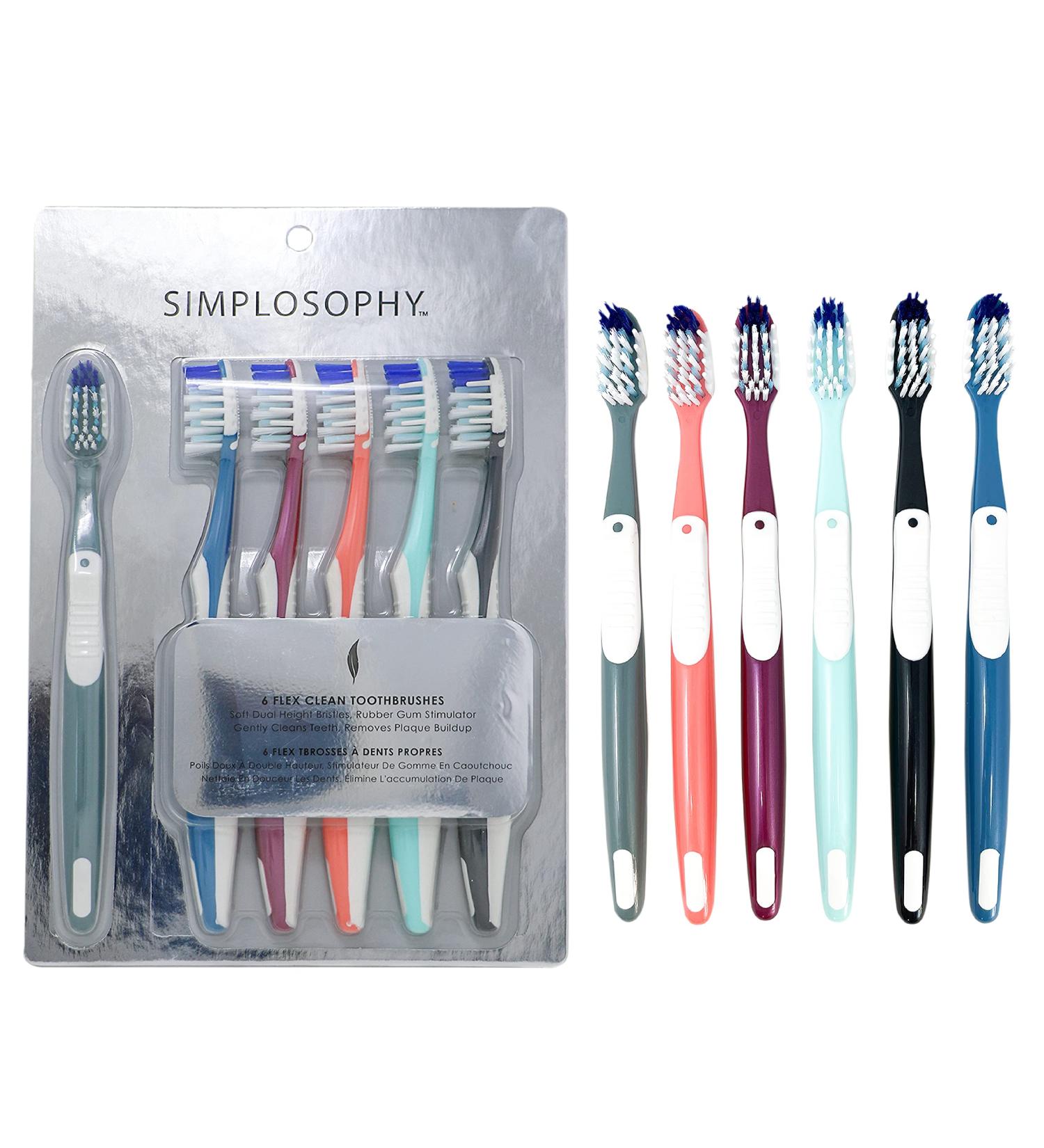 Simplosophy 6-Pack Flex Clean Toothbrushes for Men & Women | Soft Dual Height Bristles & Gum Stimulator | Removes Plaque Buildup - Buy Online on GoSupps.com