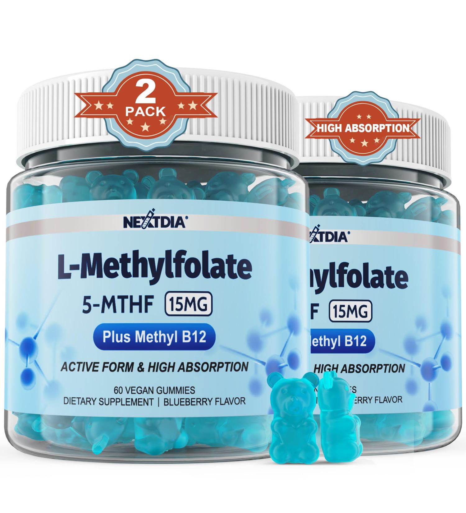 L-MethylFolate 15mg & Methyl B12 Gummies, Methylated B1, B2, B6 Multivitamins - Active 5-MTHF & High Absorption - Supports MTHFR Gene, Cognition, Homocysteine Levels, Folate Metabolism, Vegan, 120 Cts 60 Count (Pack of 2) - Buy Online on GoSupps.com