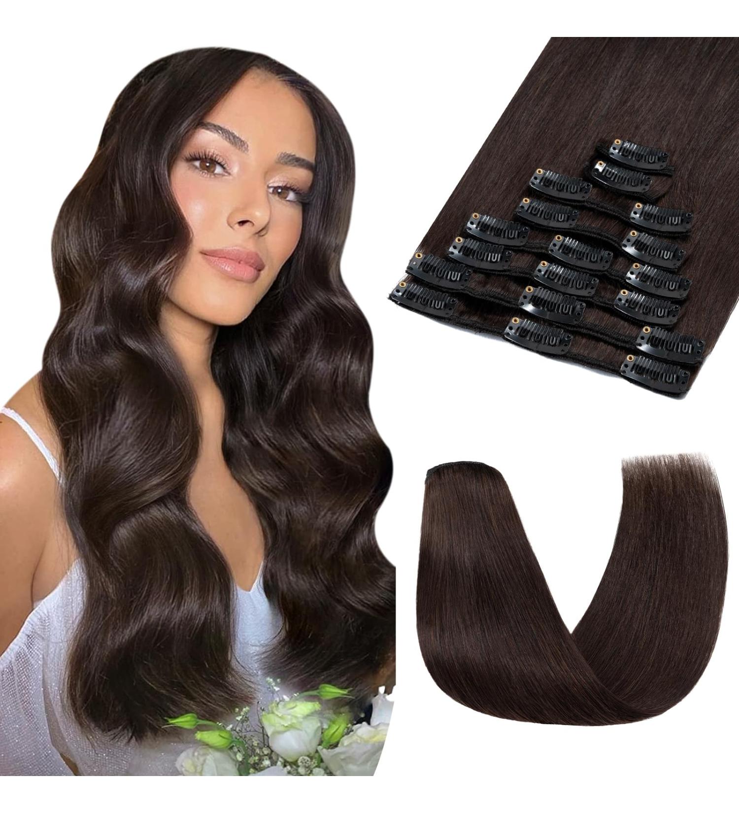 100% Remy Real Hair Clip-In Extensions - 18 Clips 40cm (#2 Dark Brown) - Thin Wefts for Natural Volume - Buy Online on GoSupps.com