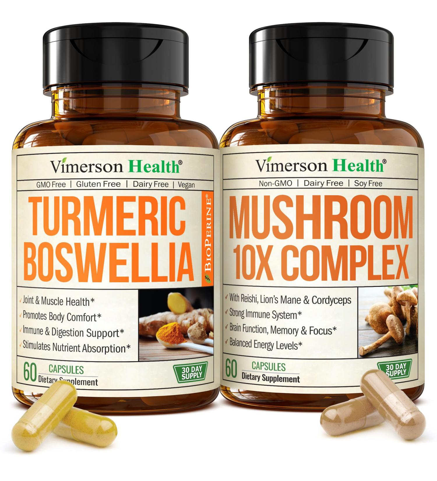 Boswellia Turmeric Curcumin Supplement + 10-in-1 Mushroom Powder Supplement Bundle Supports Joint Health Memory & Focus with Ginger Organic Turmeric Powder Lion s Mane Reishi Mushroom & More - Buy Online on GoSupps.com