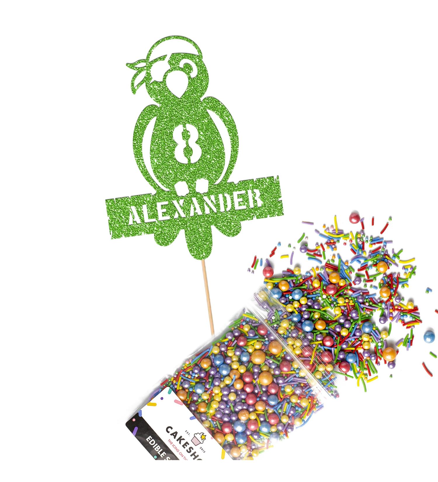 Cakeshop Cake Decoration Pack | Parrot Pirate Premium Double Sided Glitter Card Cake Topper Sign & 25g Party Pack of Cake Sugar Sprinkles | Custom Name & Age Cake Decorations (Green) Non-Prime Glitter Card: Green - Buy Online on GoSupps.com
