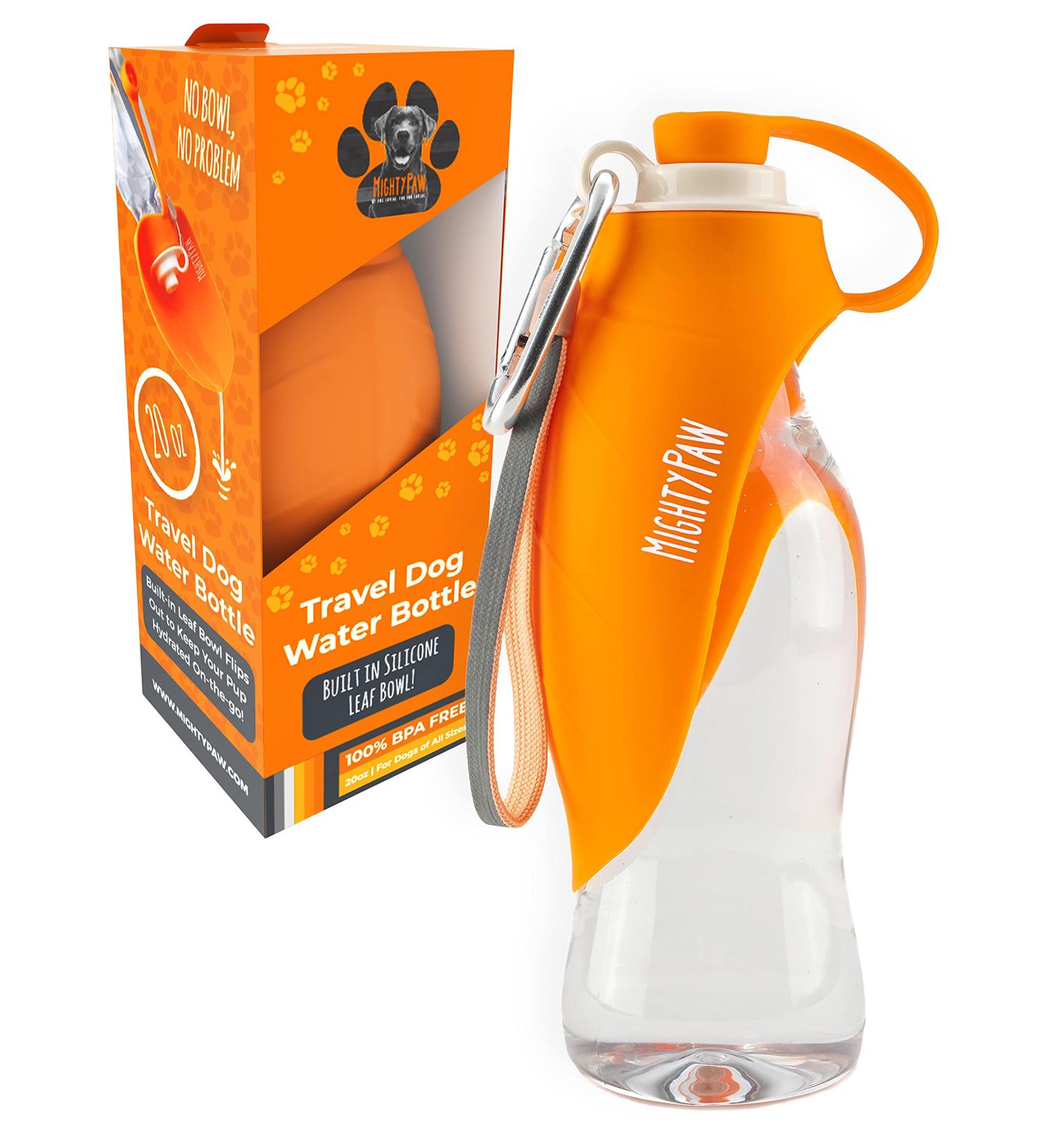 Mighty Paw 20 oz Travel Dog Water Bottle | BPA-Free Silicone Portable Drinking Dispenser for Outdoors, Camping, Walking & Hiking - Leak-Proof Waterbottle with Built-in Bowl - Orange - Buy Online on GoSupps.com