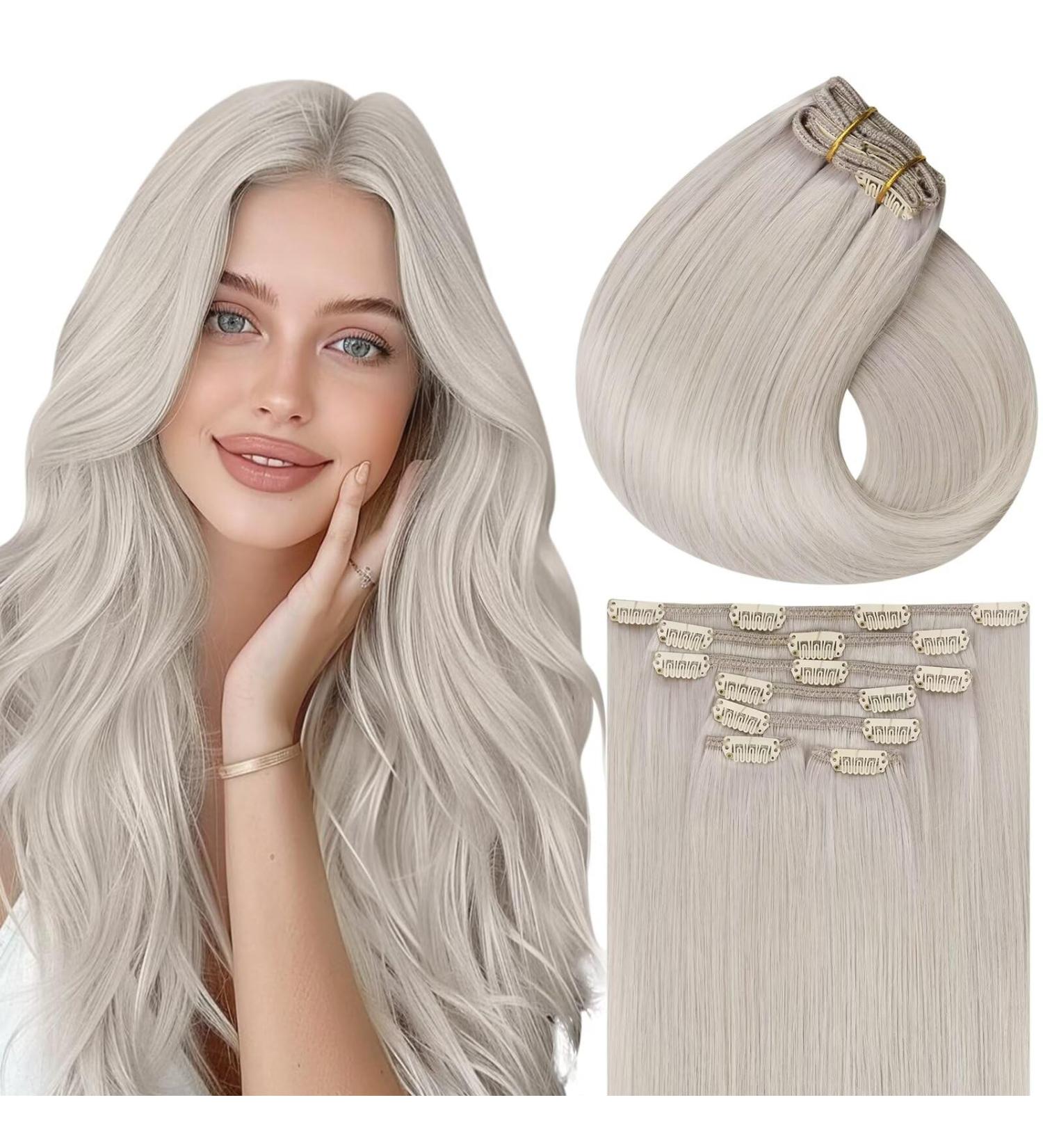 Vivien Clip-In Real Hair Extensions - Platinum Blonde #60 | 30cm 80g - Premium Remy Clip Extensions - Buy Online on GoSupps.com