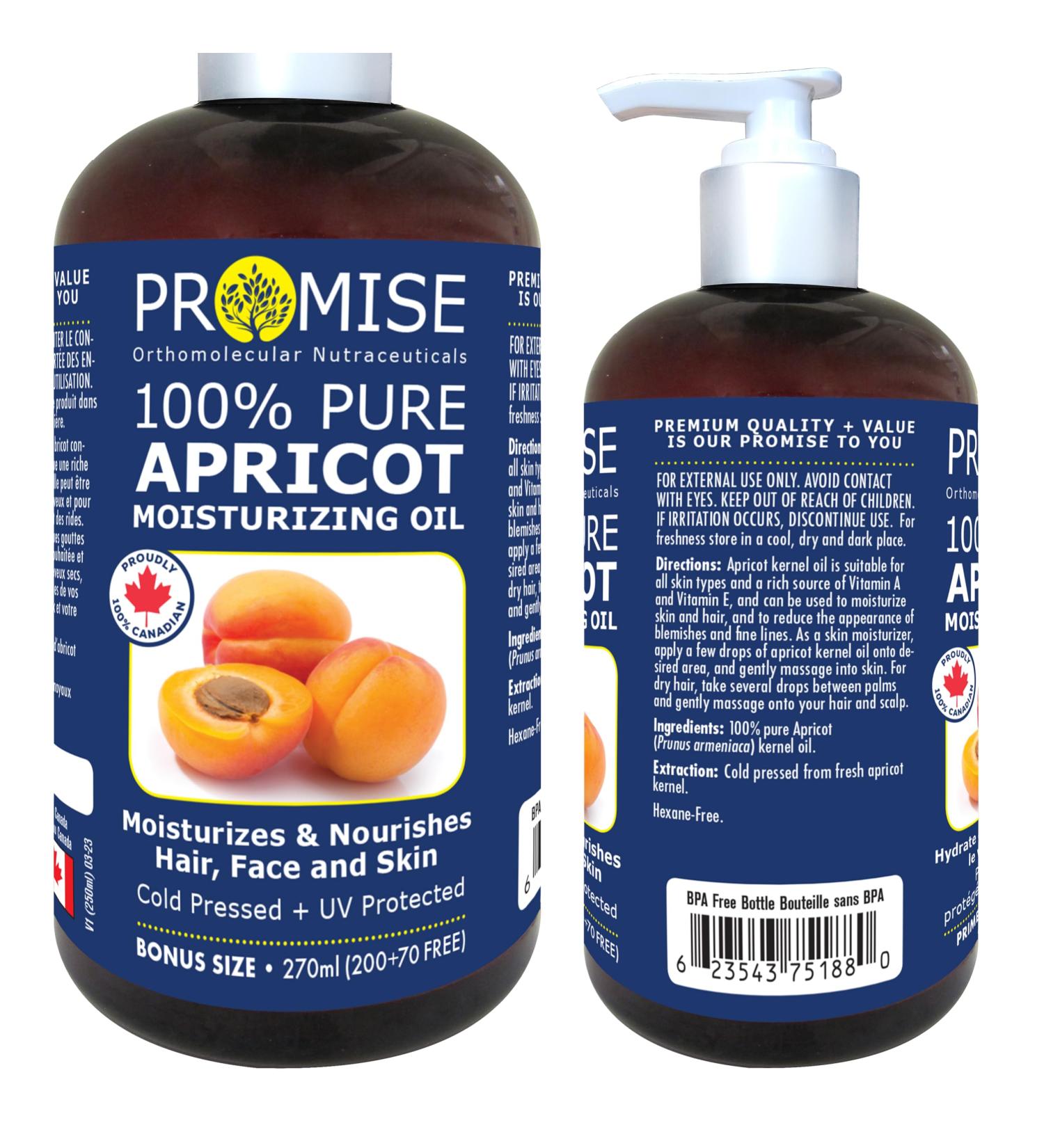 270ml (9oz) PURE 100% APRICOT MOISTURIZING OIL Moisturizes & Nourishes Hair Face and Skin Cold Pressed + UV Protected Made in Canada (270ml) 270 ml (Pack of 1) - Buy Online on GoSupps.com