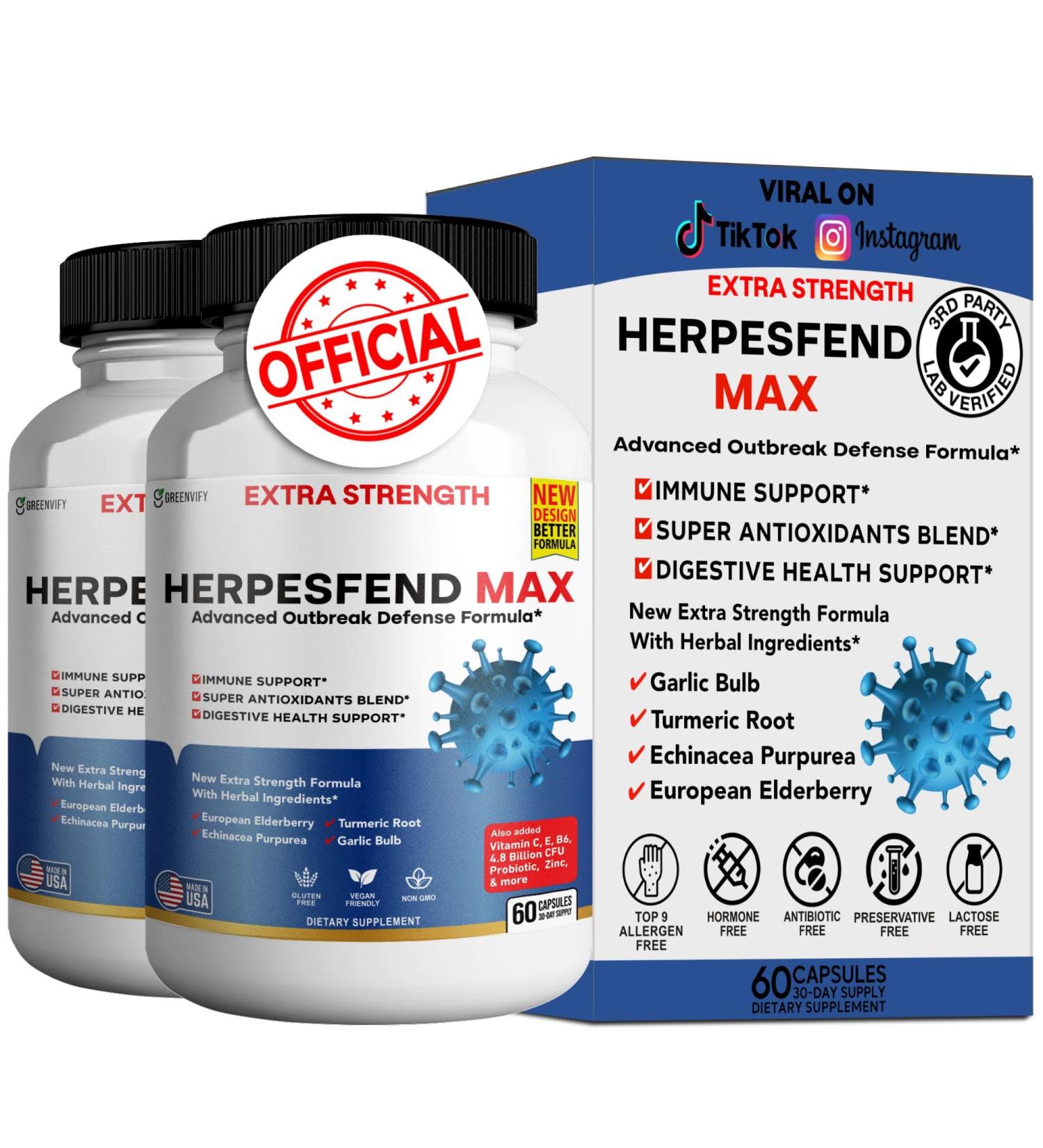 HerpesFend Max Extra Strength Advanced Defense Formula 60 Capsules with Elderberry Echinacea Turmeric Garlic Vitamins and Probiotics (2) - Buy Online on GoSupps.com