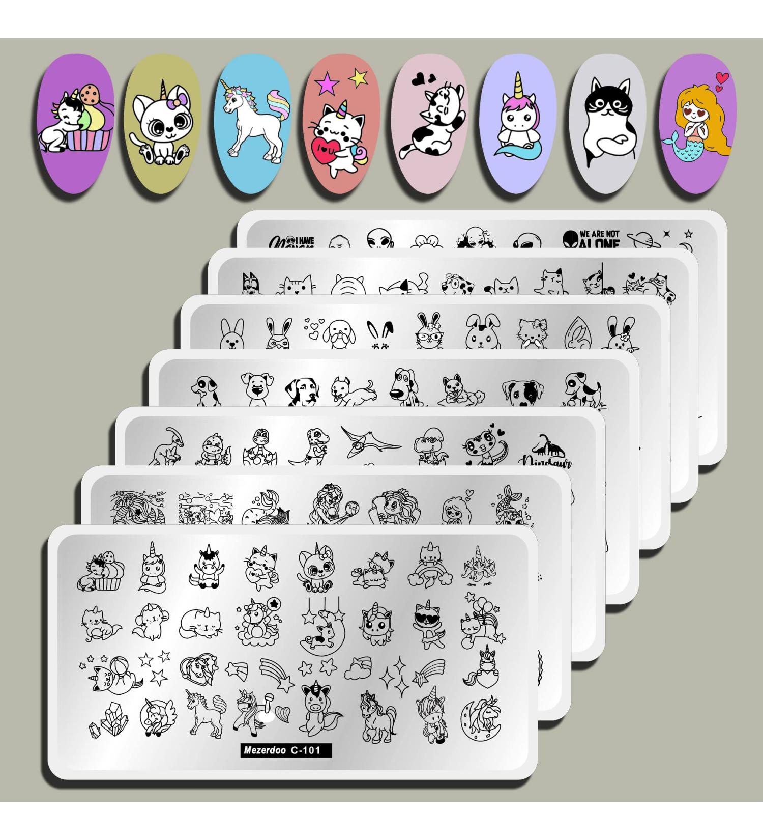 Cat Unicorn Nail Stamping Plate Set - 7pcs Cute Animal Design Stamper Kit with Star, Heart, Mermaid, Alien, Dinosaur Stamp Templates - Buy Online on GoSupps.com