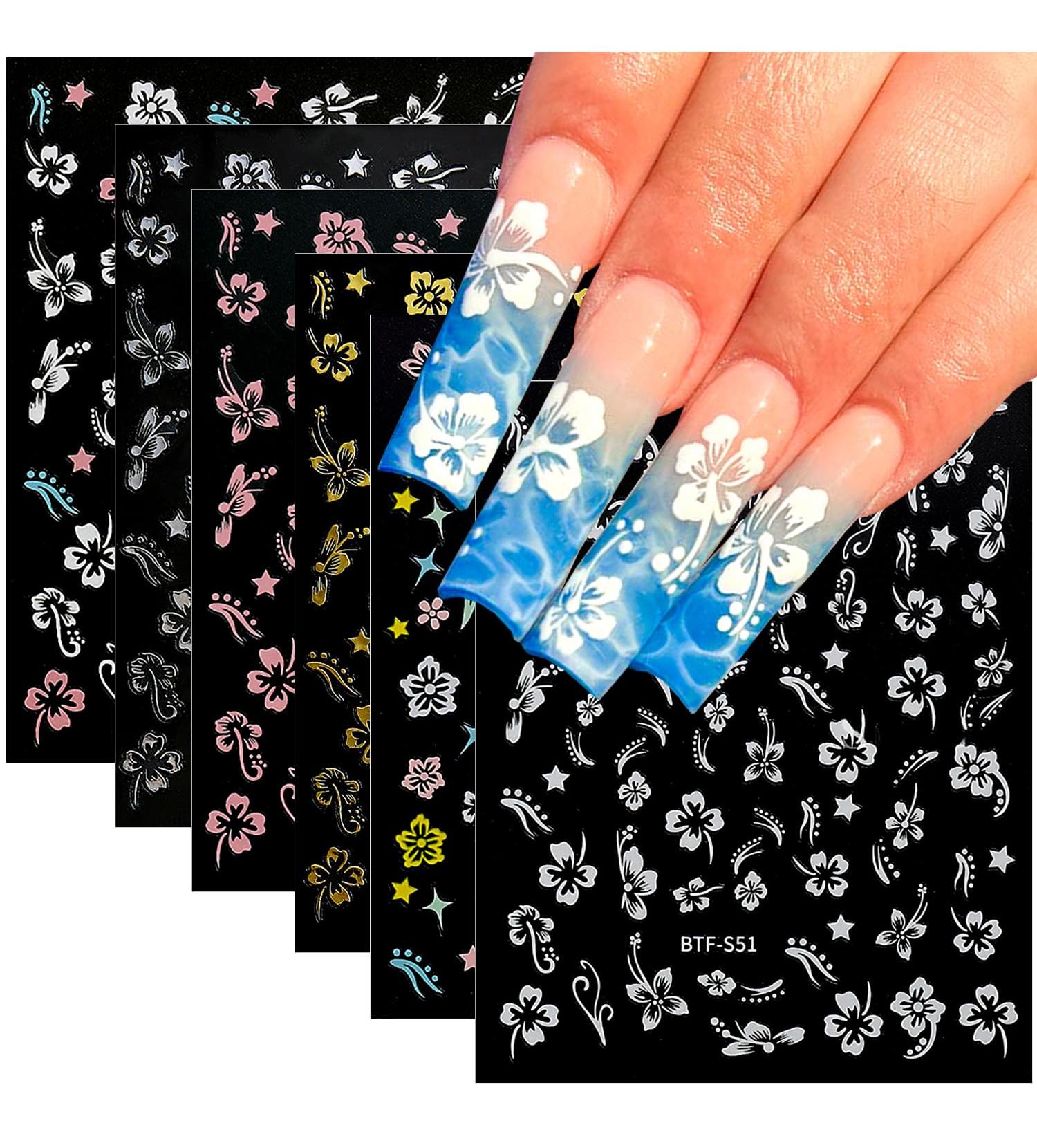 6 Sheets Flower Nail Stickers - 3D Self-Adhesive Hibiscus Nail Art Decals for Summer Designs - Perfect for Women & Girls DIY Acrylic Nails - Buy Online on GoSupps.com