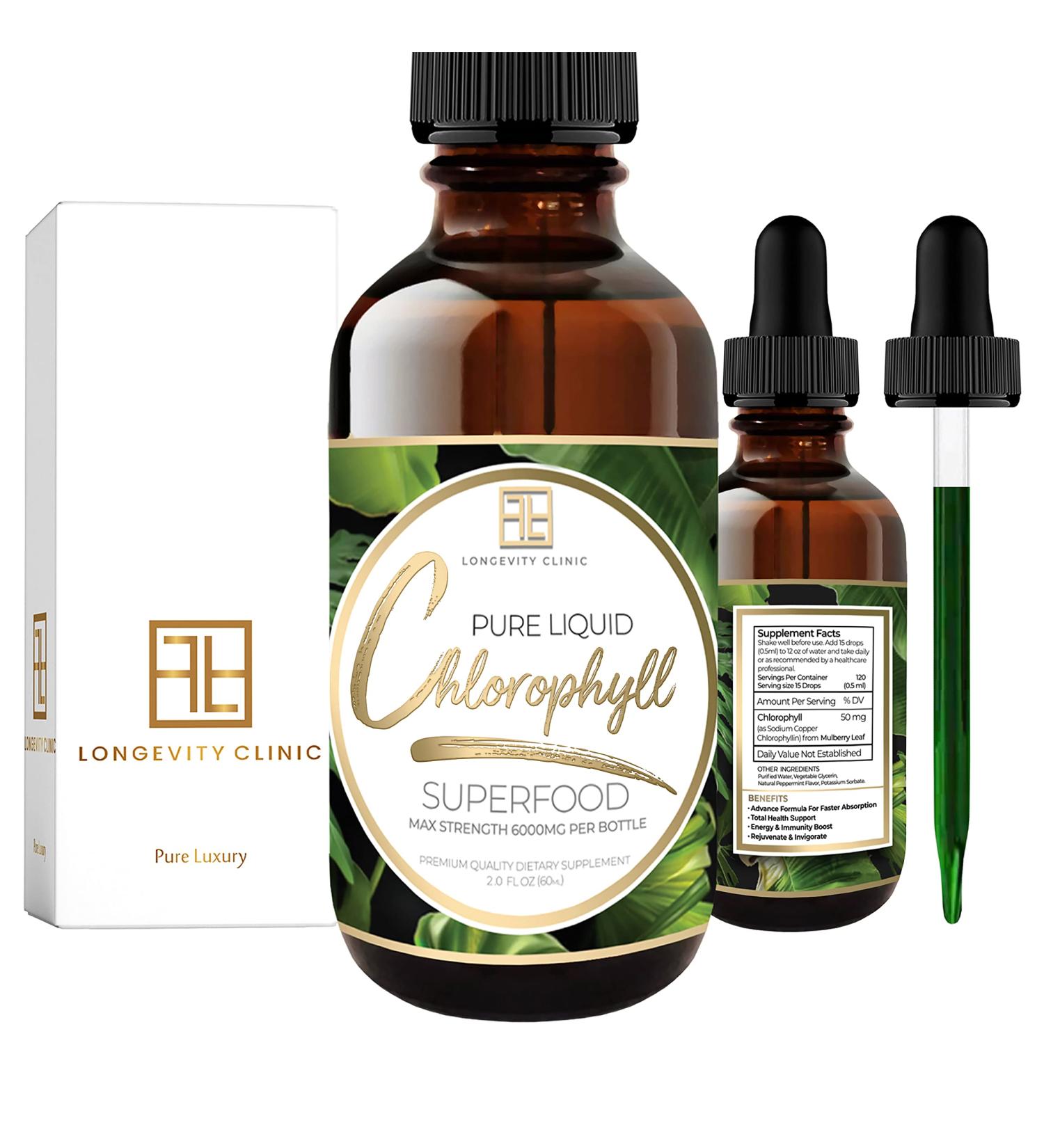 Longevity Clinic Liquid Chlorophyll Drops - 6000mg - 120 Servings - Natural Energy Boost & Immune Support - Made in USA - Buy Online on GoSupps.com