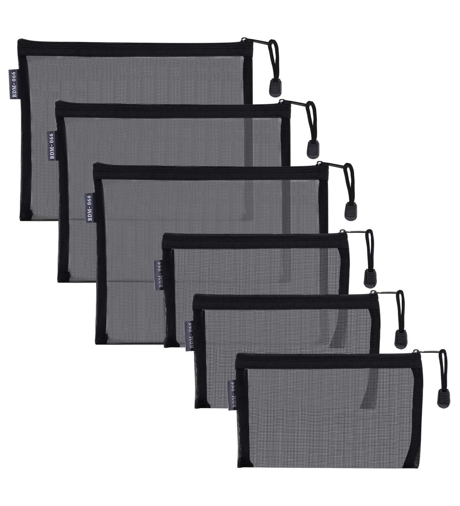 HRX 6PCS Nylon Mesh Cosmetic Zipper Bags - Black Makeup Pouches for Travel, Purse, Diaper Bag - A5 x 3pcs, A6 x 3pcs - Buy Online on GoSupps.com