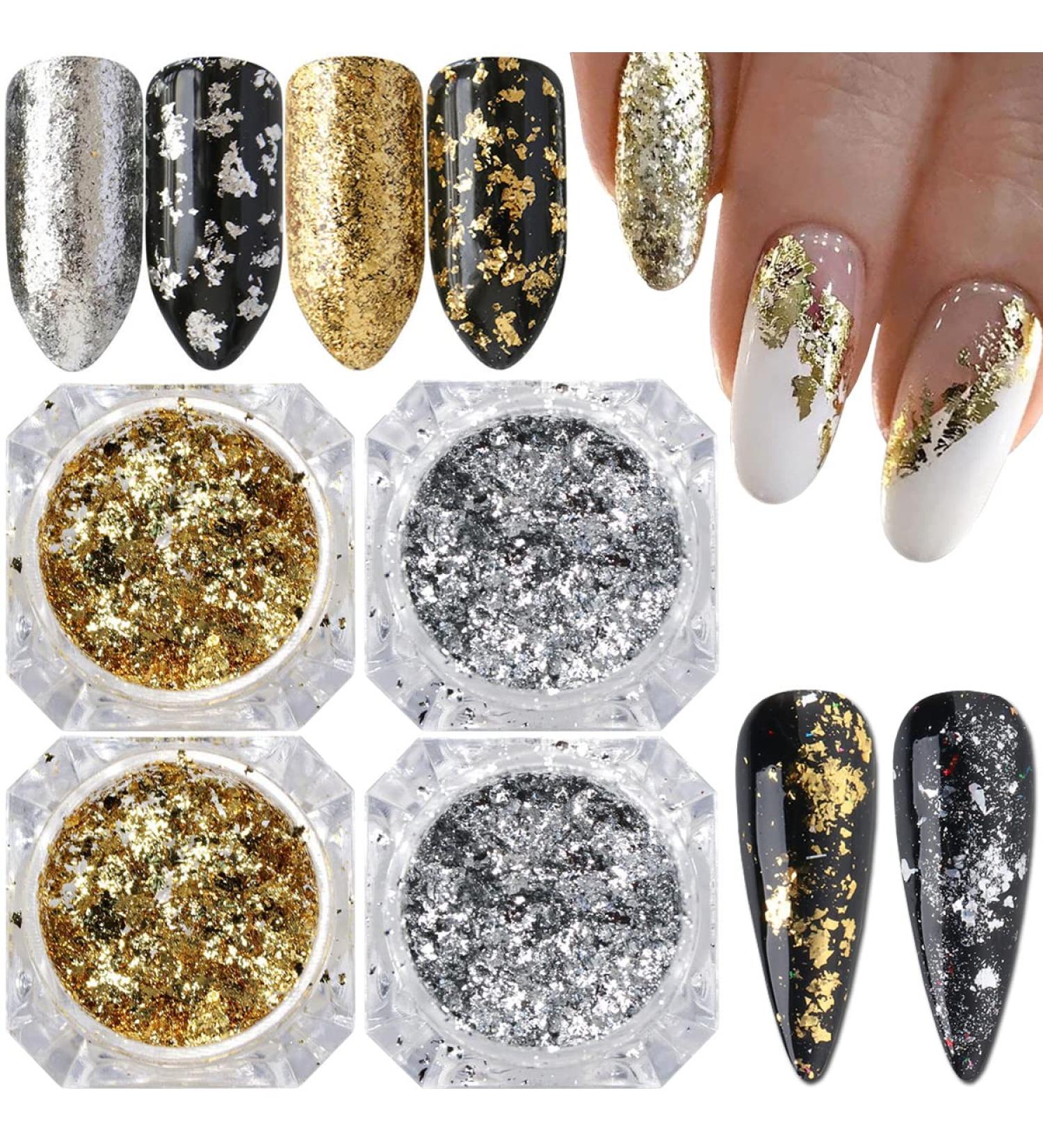 Holographic Nail Foil Glitter Flakes | 3D Sparkly Aluminum Flake | Gold Silver Nail Art Supplies | Mirror Powder Sequins | Acrylic Nails Design (4 Boxes) - Buy Online on GoSupps.com
