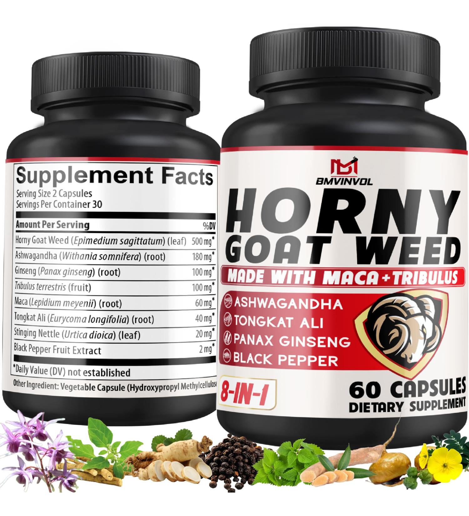 BMVINVOL Horny Goat Weed Capsules with Panax Ginseng Tribulus Ashwagandha Maca Tongkat Ali Nettle Black Pepper - 60 Capsules - Buy Online on GoSupps.com