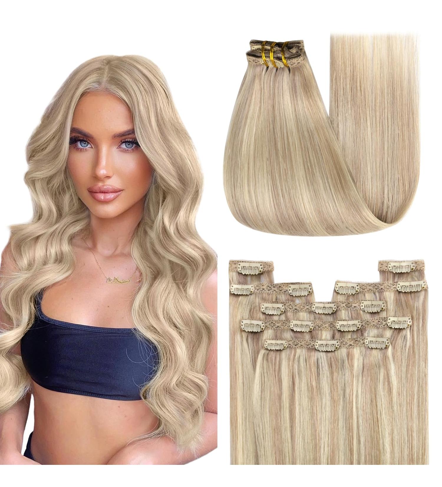 Youngsee Clip-In Hair Extensions - 35cm Real Hair 120g - Ashblond & Platinum Highlights - 7 Pieces - Buy Online on GoSupps.com