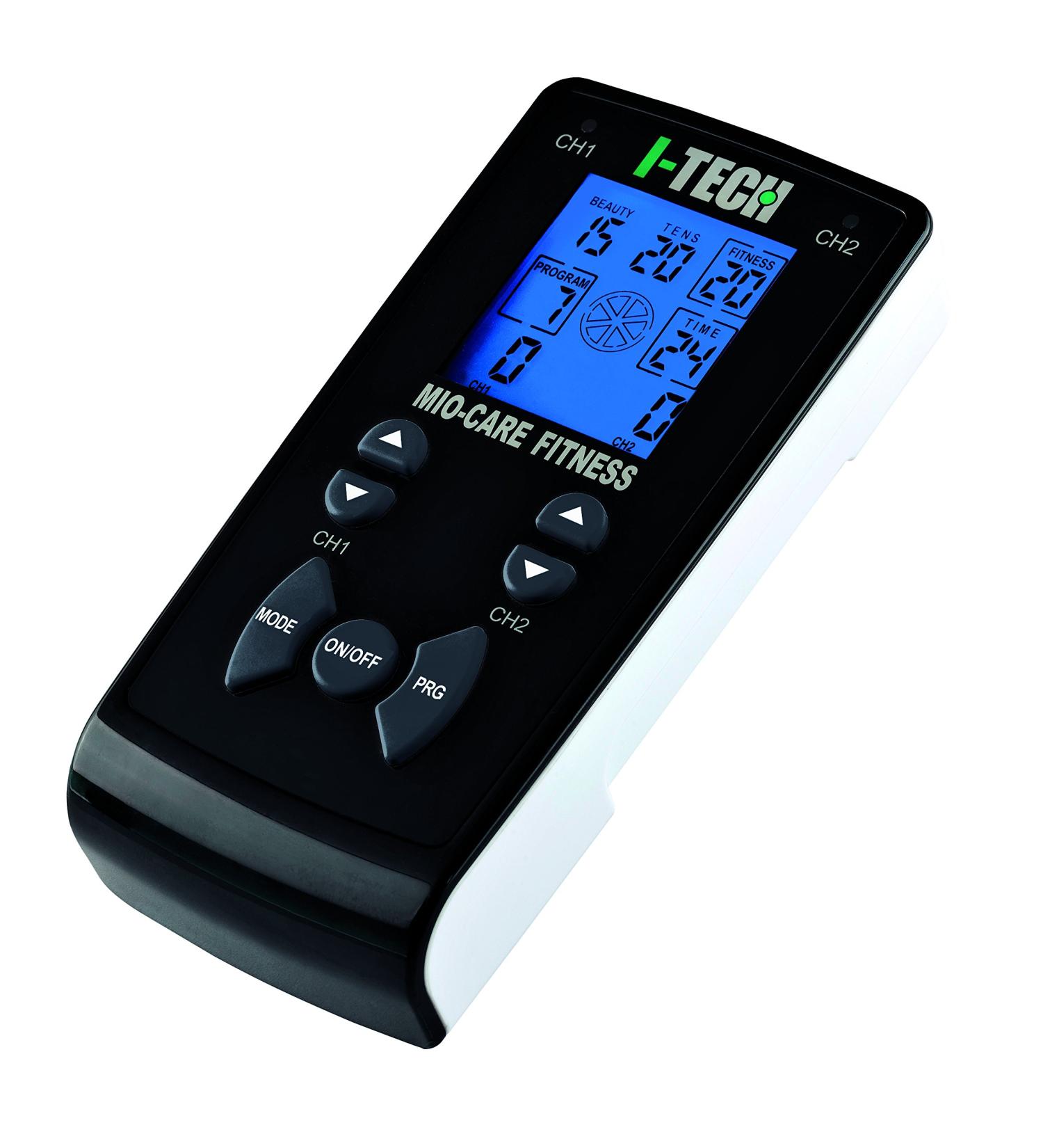 I-Tech Mio-Care Fitness electrostimulator 2 Independent channels 8 electrodes backlit display max. 100 mAh per channel 55 programs: 20 Medical 15 Beauty 20 Fitness 500 Applications