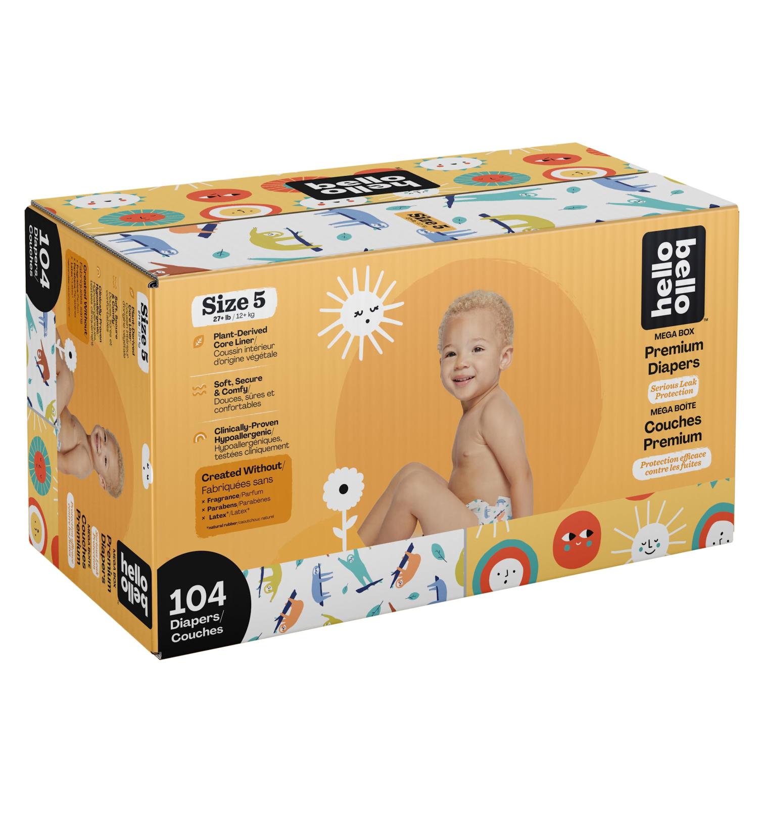 Hello Bello Disposable Diapers Sunny Side Up & Sleepy Sloths Print Mega Value Pack Size 5 104 Count Multicolor Size 5 (104 Count) Diapers - Buy Online on GoSupps.com