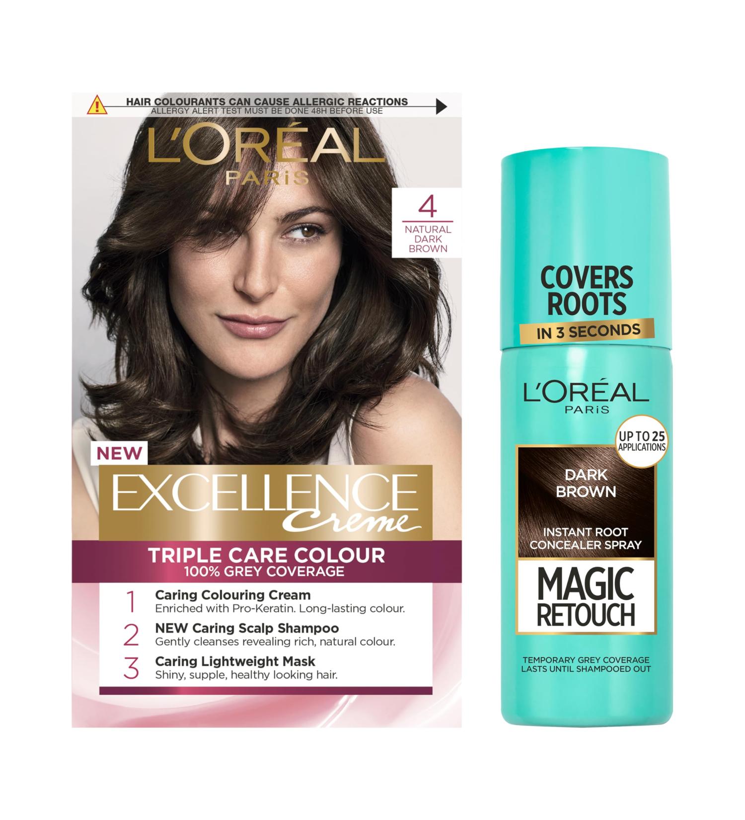 L'Or al Paris Excellence Cr me Permanent Hair Dye Natural Dark Brown 4 + Magic Retouch Dark Brown Root Touch Up 75ml Set For Perfect Hair & Roots Coverage In Between Colours Natural Dark Brown Hair Dye & Rot Touch Up 75.00 ml (Pack of 1) - Buy Online on GoSupps.com
