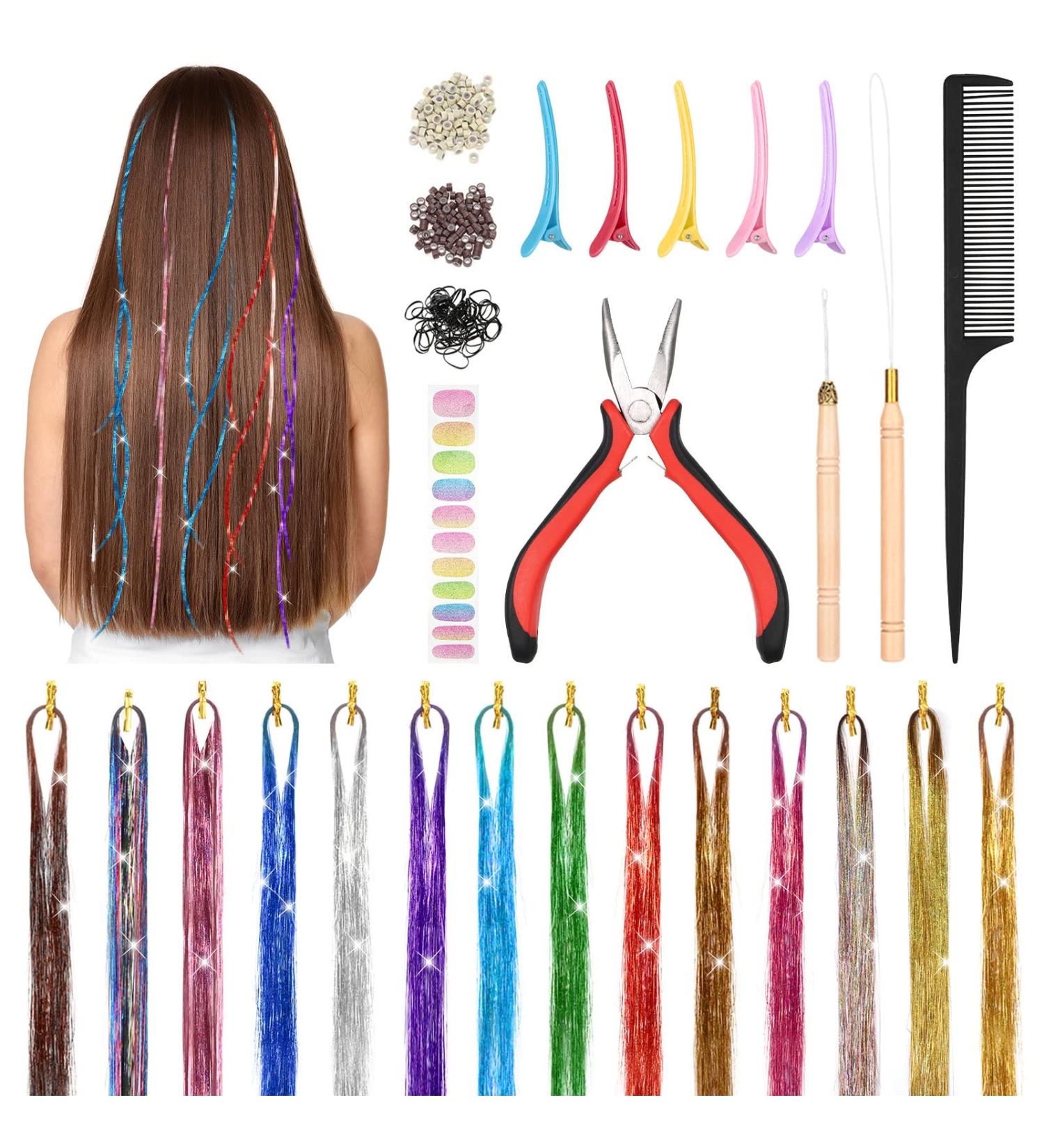 Xinzistar 14 Colors 2800 Strands Hair Tinsel Extension Kit Holographic Sparkle Hair Glitter Strands Rainbow Coloured Hair Extensions Fairy Dazzle Hair Extension for Festival Women Girls Kids Party - Buy Online on GoSupps.com
