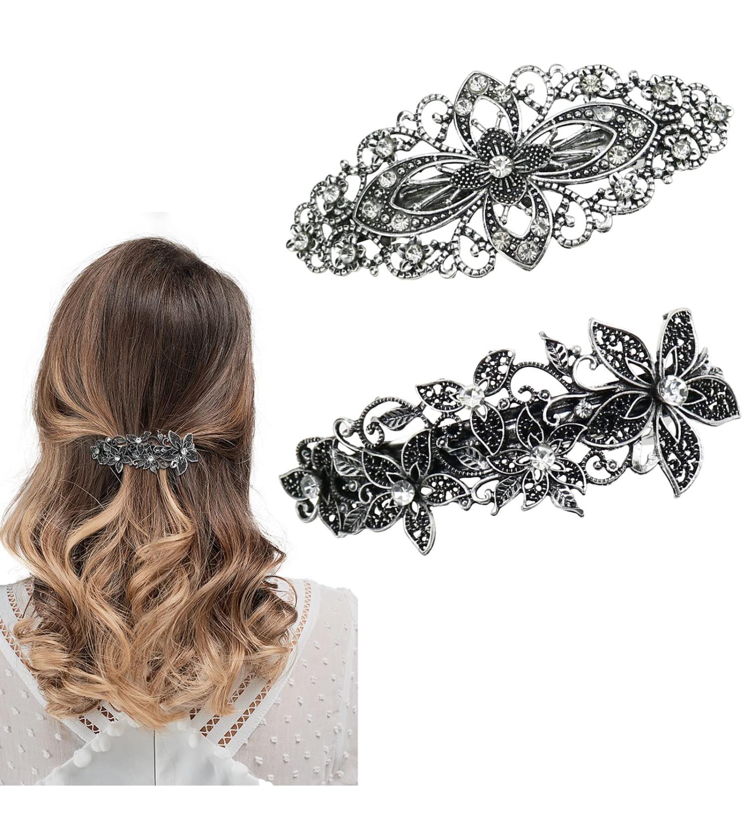 DonLeeving 2 Pcs Vintage Silver Leafy Barrette Antique Filigree Flower Crystal Barrette Metal Retro French Hair Clips For Women Girl - Buy Online on GoSupps.com