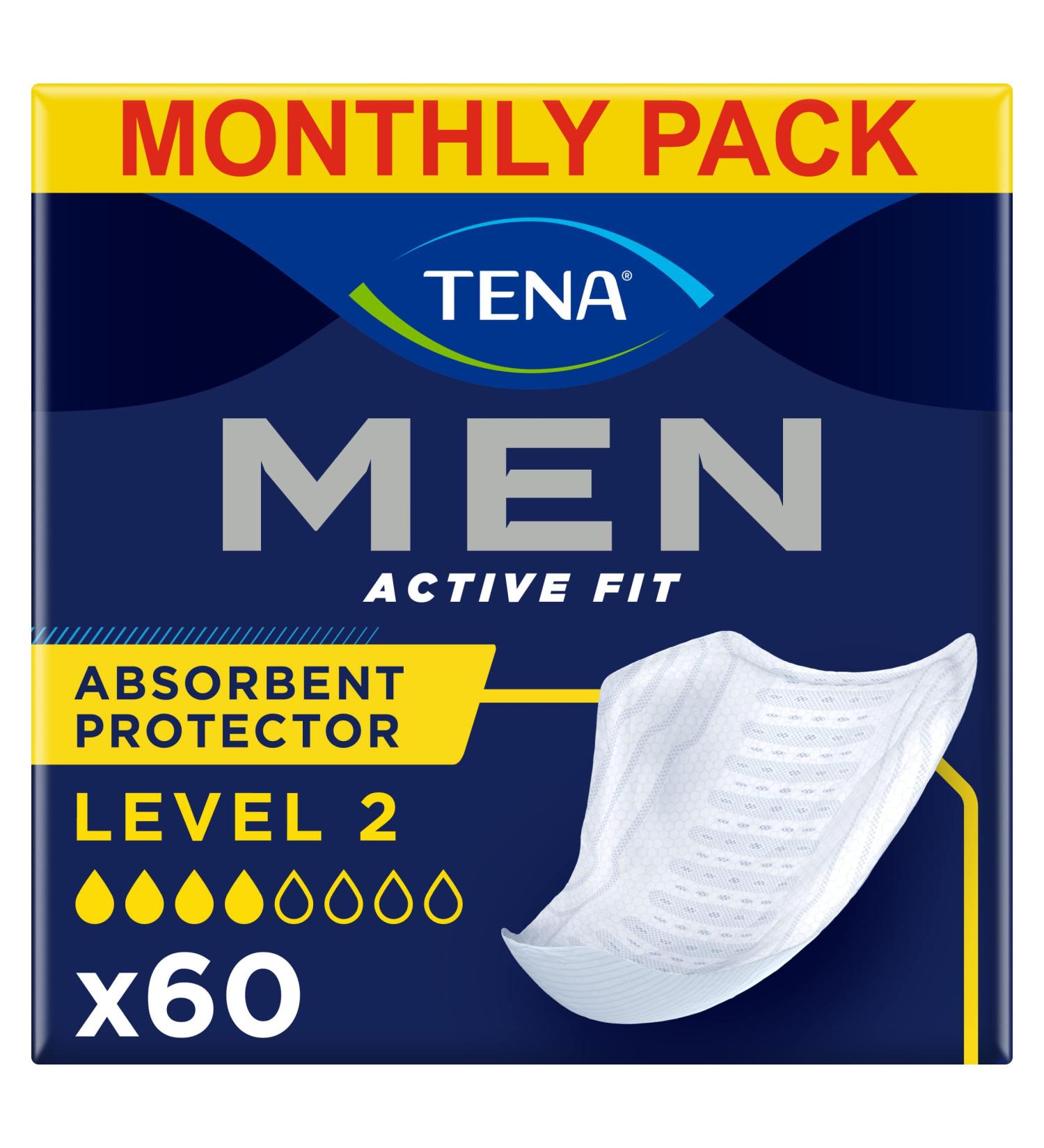 TENA Men Absorbent Protector Incontinence Pads Level 2 - 60 Count | Cup-Shaped for Medium Bladder Weakness | Urine Leakage Solution for Men - Buy Online on GoSupps.com