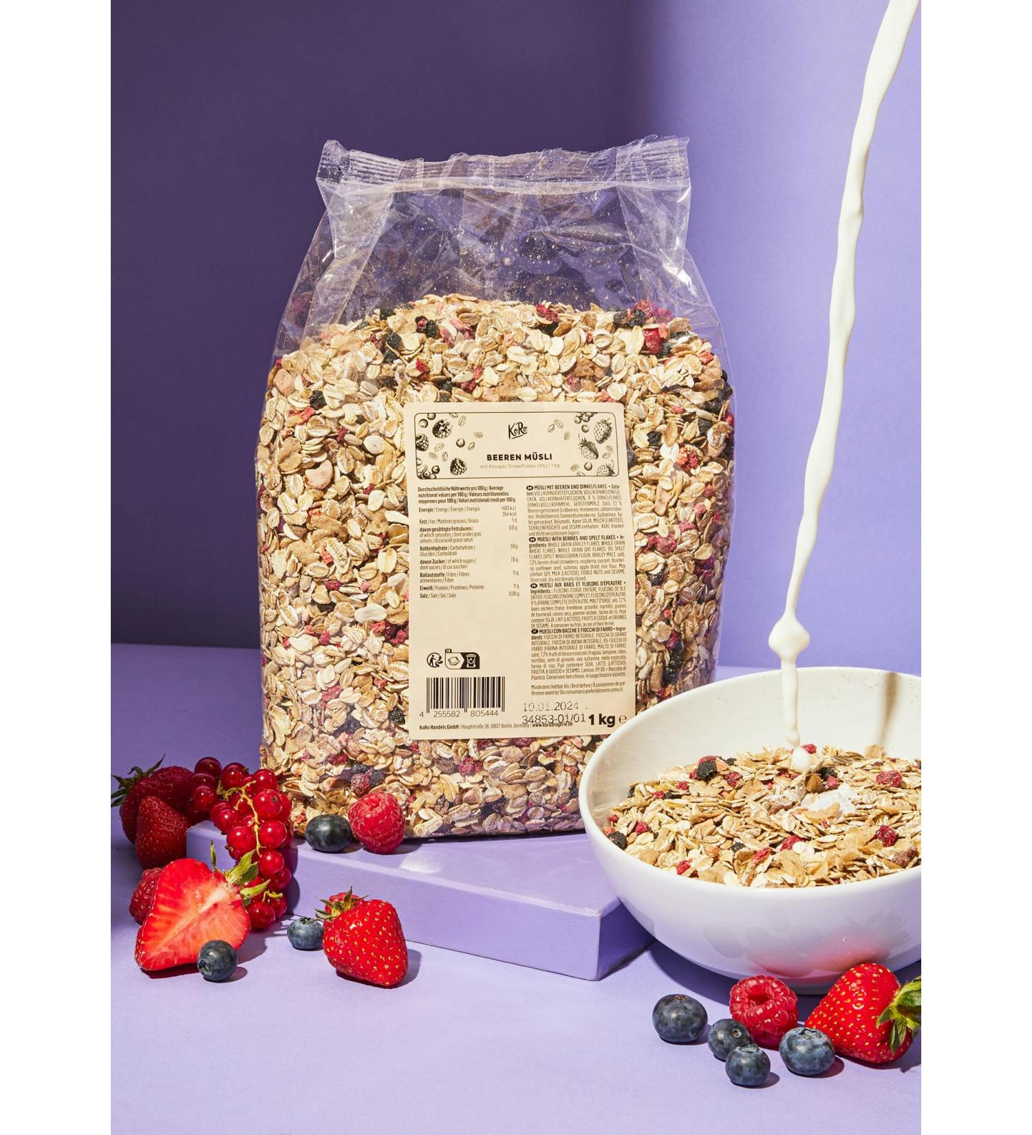 KoRo - Red Fruit Muesli with Crispy Spelt Flakes 1kg - Dried Berries - Various Whole Grain Flakes - No Added Sugar (Contains Naturally Occurring Sugar) - Buy Online on GoSupps.com