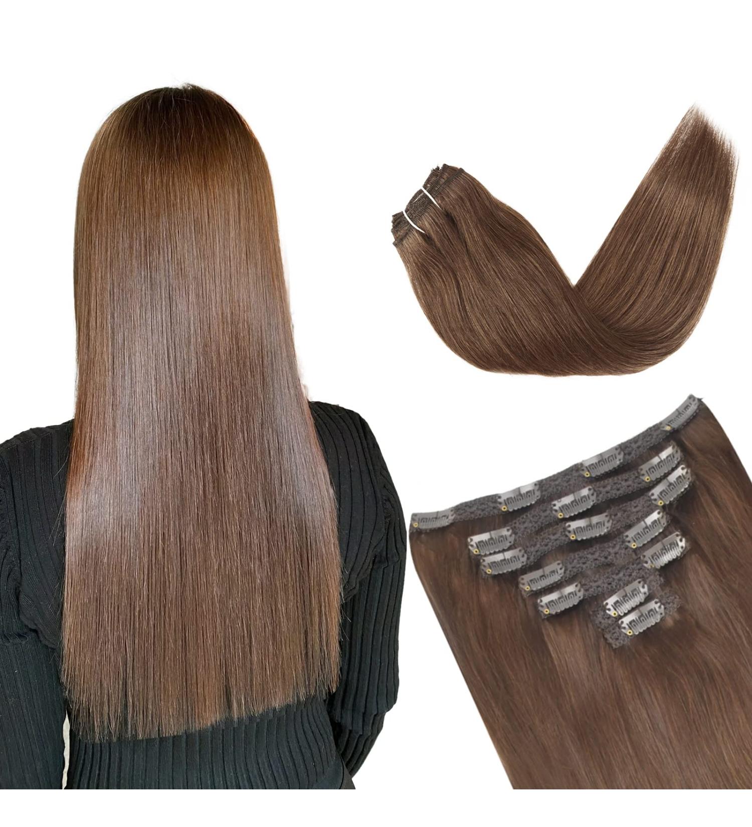 Copper Brown Clip in Hair Extensions - 7 Pieces Real Human Hair Seamless Straight Weft - 8 Inch (40g) - for Women - Buy Online on GoSupps.com