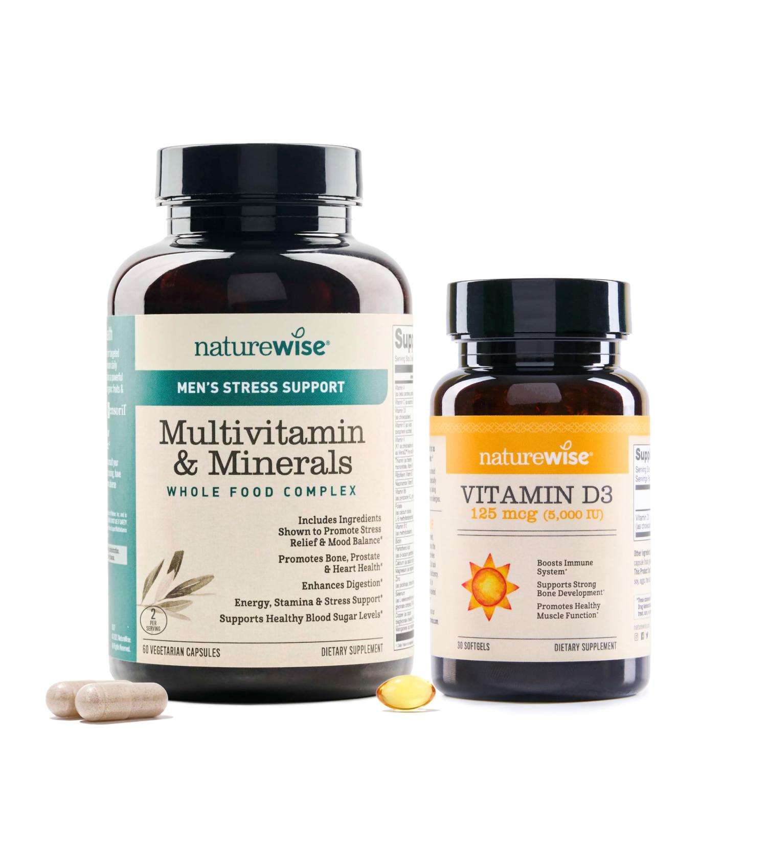NatureWise 1 Multivitamin for Men + Stress Support - 60 Capsules 30-Day Supply + 1 Vitamin D3 5000iu + Organic Olive Oil - 30 Mini Softgels 30-Day Supply  - Buy Online on GoSupps.com