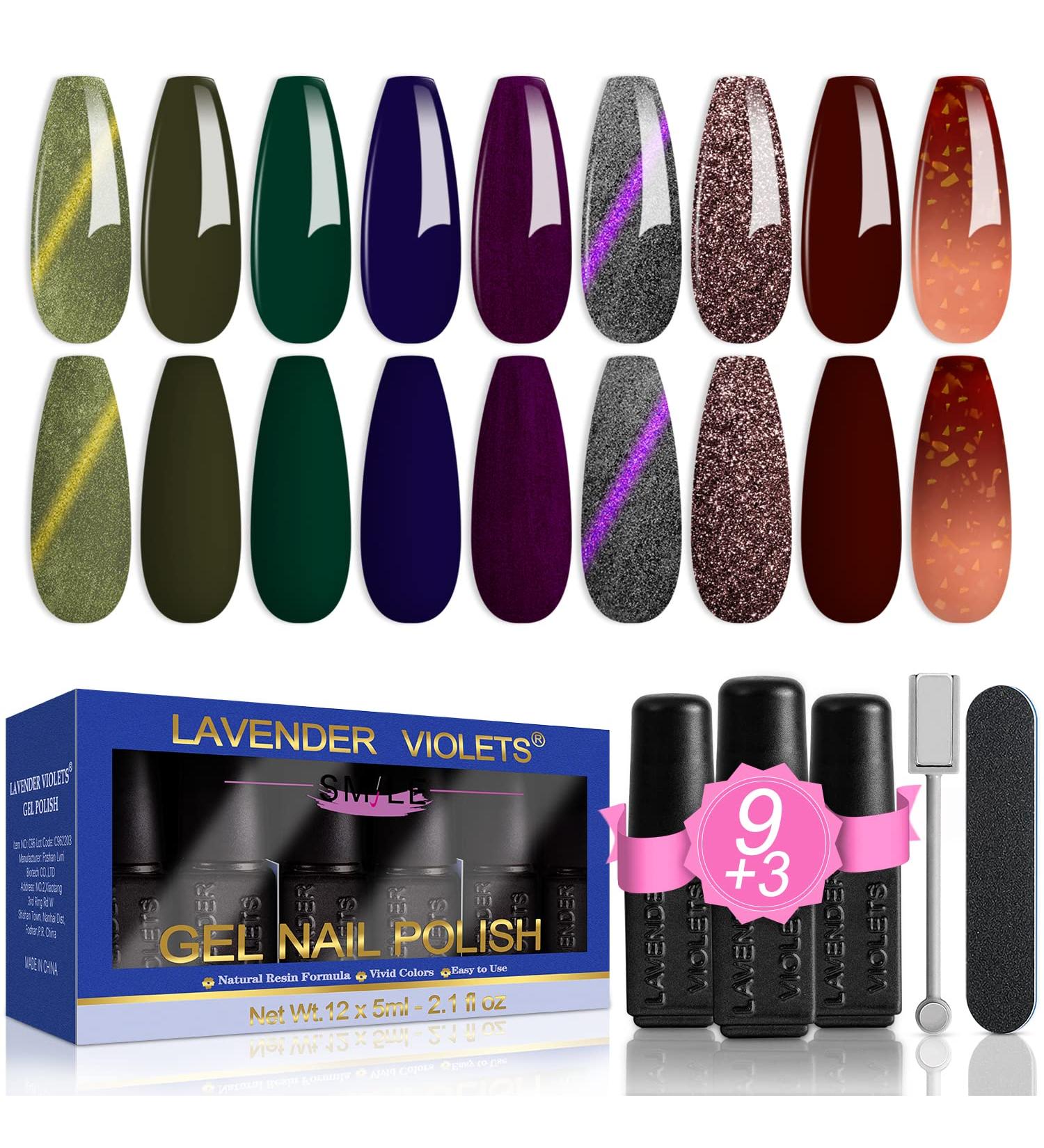 Lavender Violets 13 Pcs Gel Nail Polishes Set With New Sparkling Cat Eye Temperature Change Colour 9 Colours Nail Art UV LED Soak Off With Base Coat Matte n No Wipe Top Coat Nail File C638 Charming Beauty-638 - Buy Online on GoSupps.com