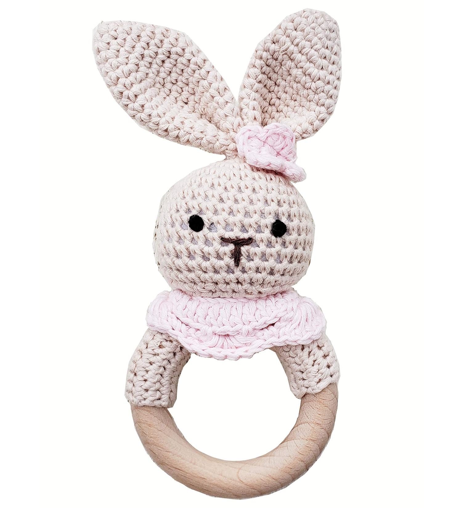 Handmade Amigurumi Crochet Bunny Deer Fox Teether Rattle on Wooden Teething Ring - Natural Baby Toy (Girl Bunny) - Buy Online on GoSupps.com