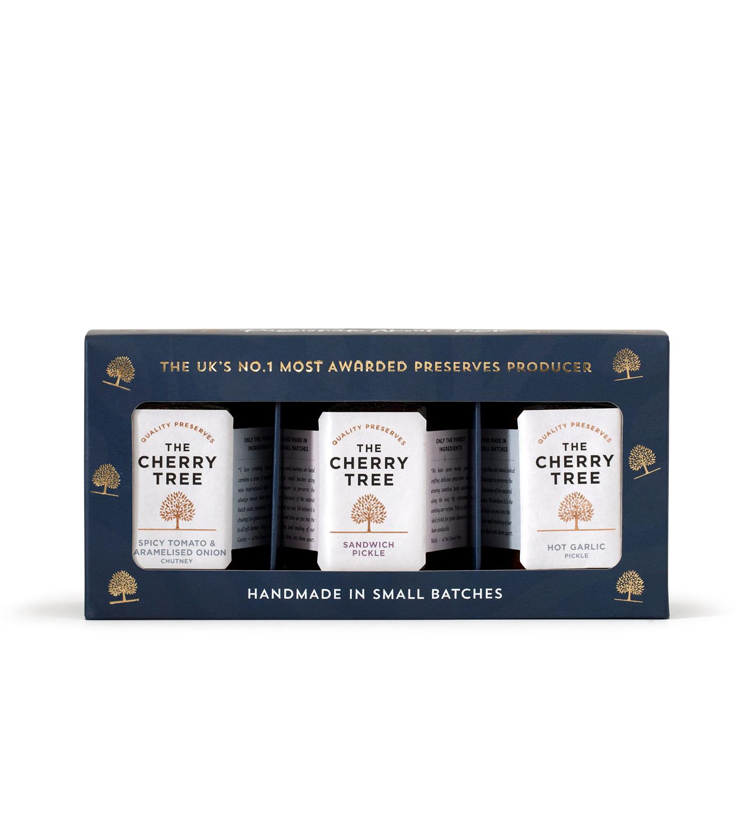 The Cherry Tree Savoury Favourites Includes: Hot Garlic Pickle Spicy Tomato and Caramelised Onion Chutney and Sandwich Pickle 3 x 100 g Gift Box