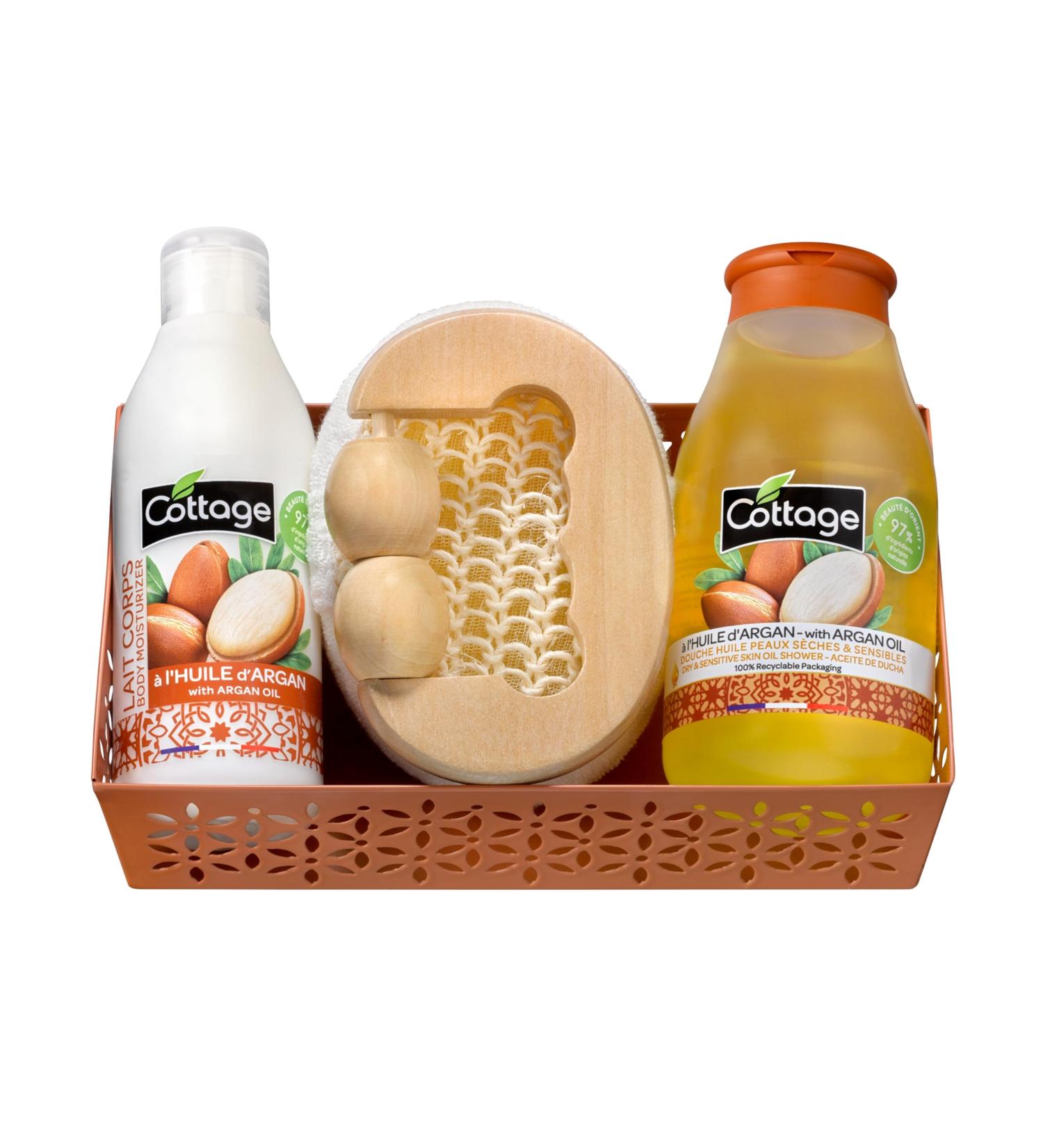 Cottage Argan Oil Gift Box - 1 Shower Gel Oil + 1 Moisturizing Body Lotion + 1 Exfoliating Sponge + 1 Wooden Massager - Made in France - 97% ingredients of natural origin - Buy Online on GoSupps.com