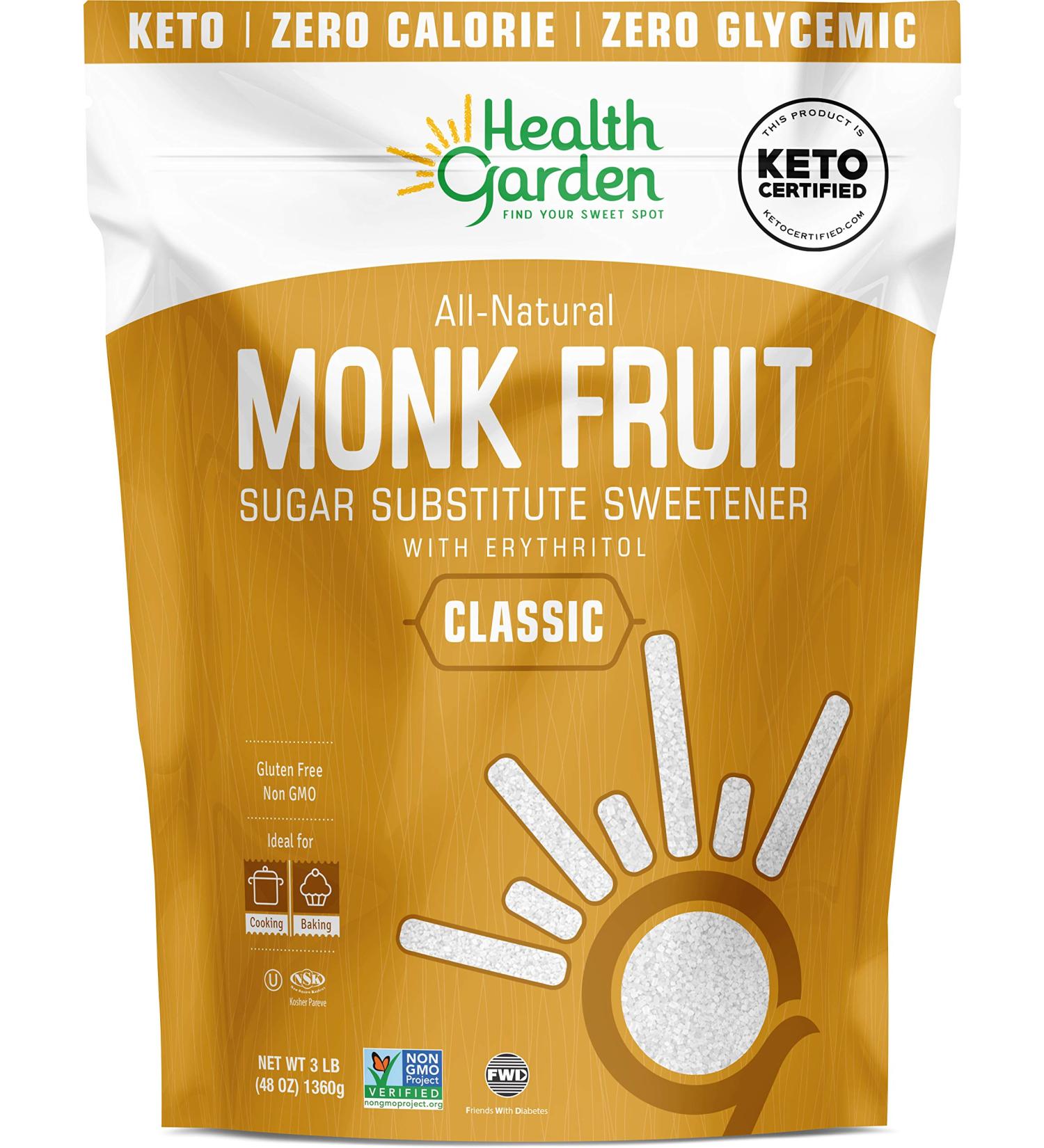 Health Garden Monk Fruit Sweetener Classic - Non GMO, Gluten Free, Sugar Substitute - Kosher, Keto Friendly (3 lbs) - Buy Online on GoSupps.com