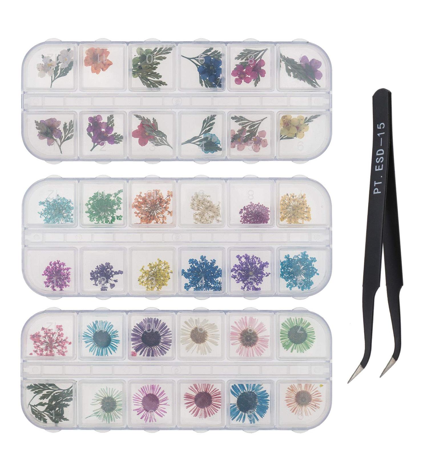 3 Boxes Nail Art Mixed Dried Flowers Kit - 3D Daisy & Gypsophila for Manicure Decoration - Includes Tweezers - Buy Online on GoSupps.com