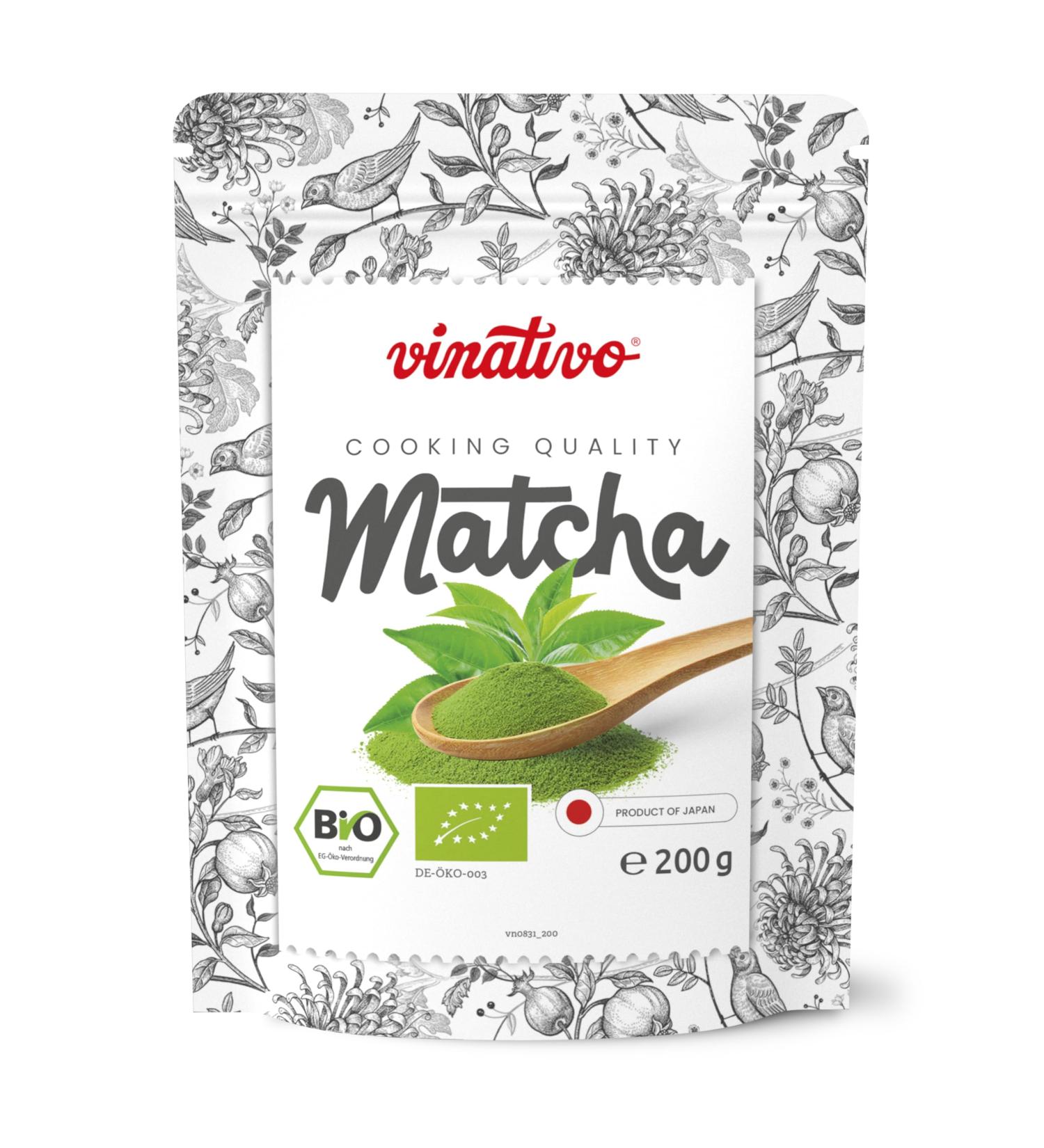 Vinativo Bio Matcha Powder 200g - Premium Japanese Green Tea Powder for Baking & Cooking - Ideal for Cakes Ice Cream & Desserts - Re-Lockable Bag - Buy Online on GoSupps.com