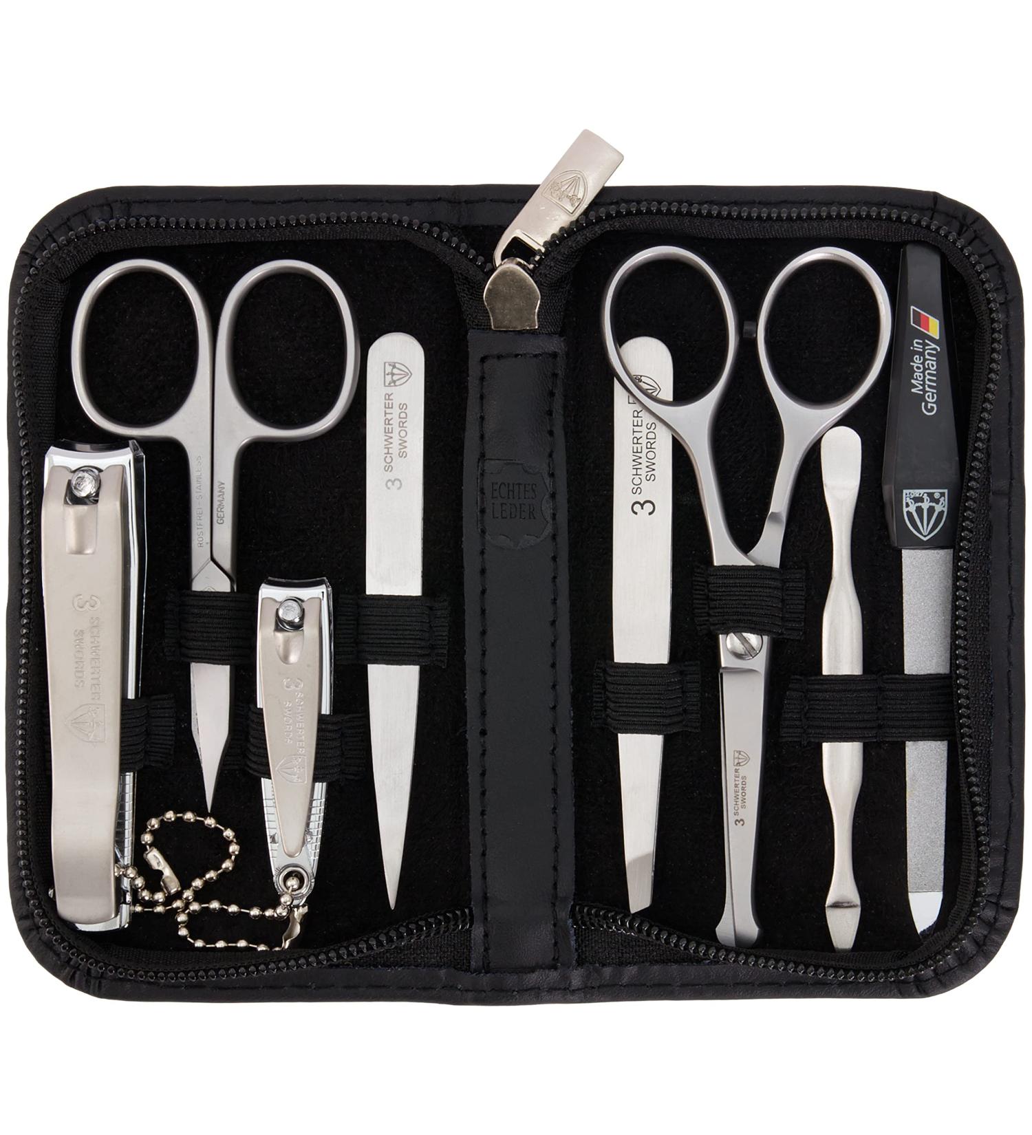 Buy Premium 8-Piece Manicure Set for Men | Three Swords Nail Care Set in Real Leather Case - Includes Beard Scissors Nail Clippers Tweezers & More - Black - Buy Online on GoSupps.com