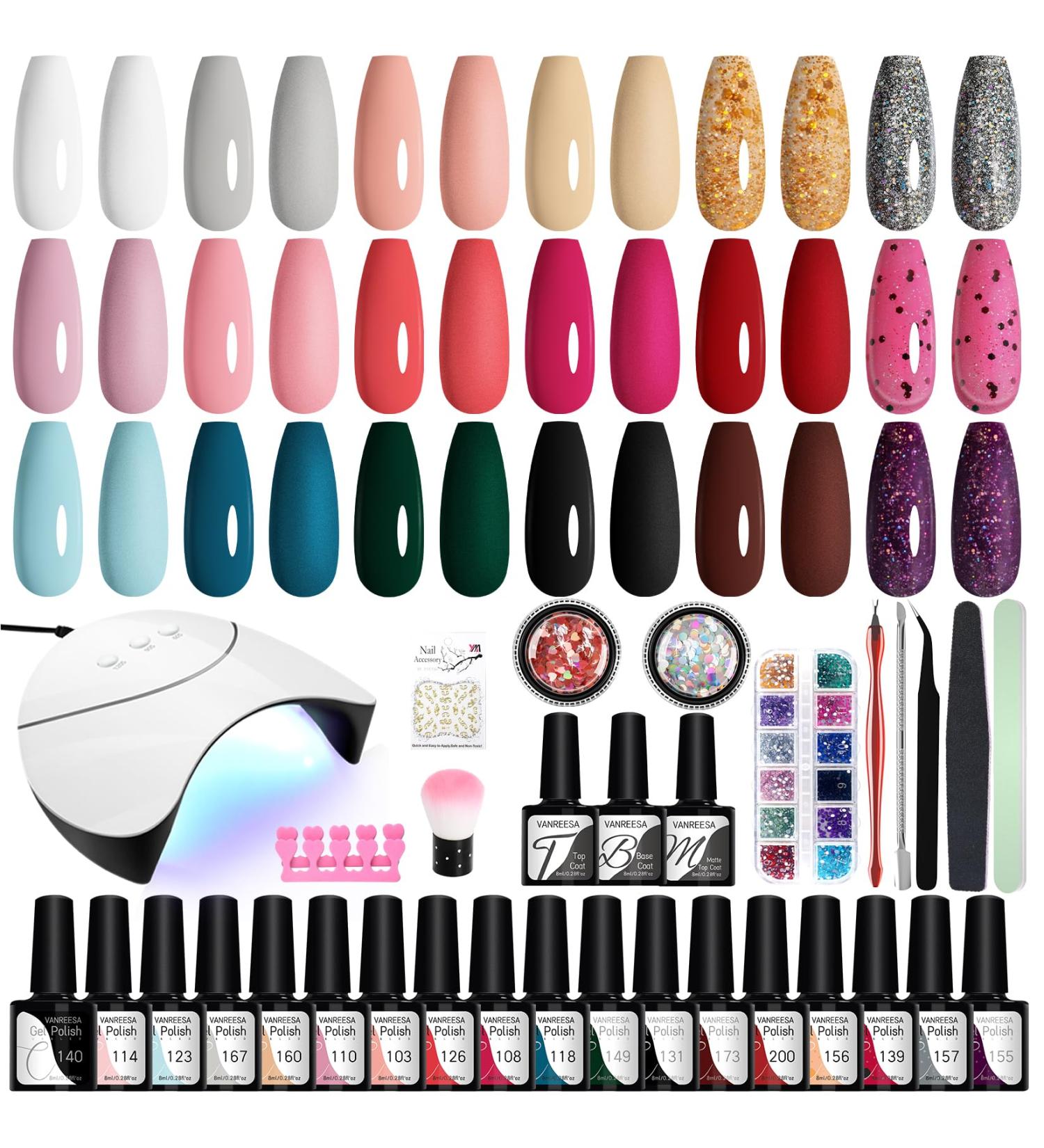 VANREESA Gel Nail Polish Set with Lamp Starter Kit - 18 Colours, Classic Pink Red Glitter Soak Off Gel Polish Set - 33 Piece Nail Salon Set for Women - Buy Online on GoSupps.com