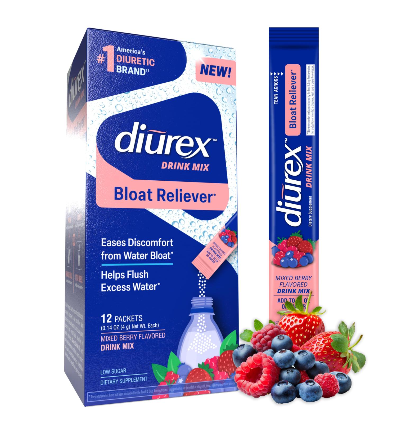 Diurex Drink Mix - Diuretic Supplement - Mixed Berry Flavor - Bloat Relief with Diurex Proprietary Bloat-Relieving Blend - Single Serve - 12 Pack - Buy Online on GoSupps.com