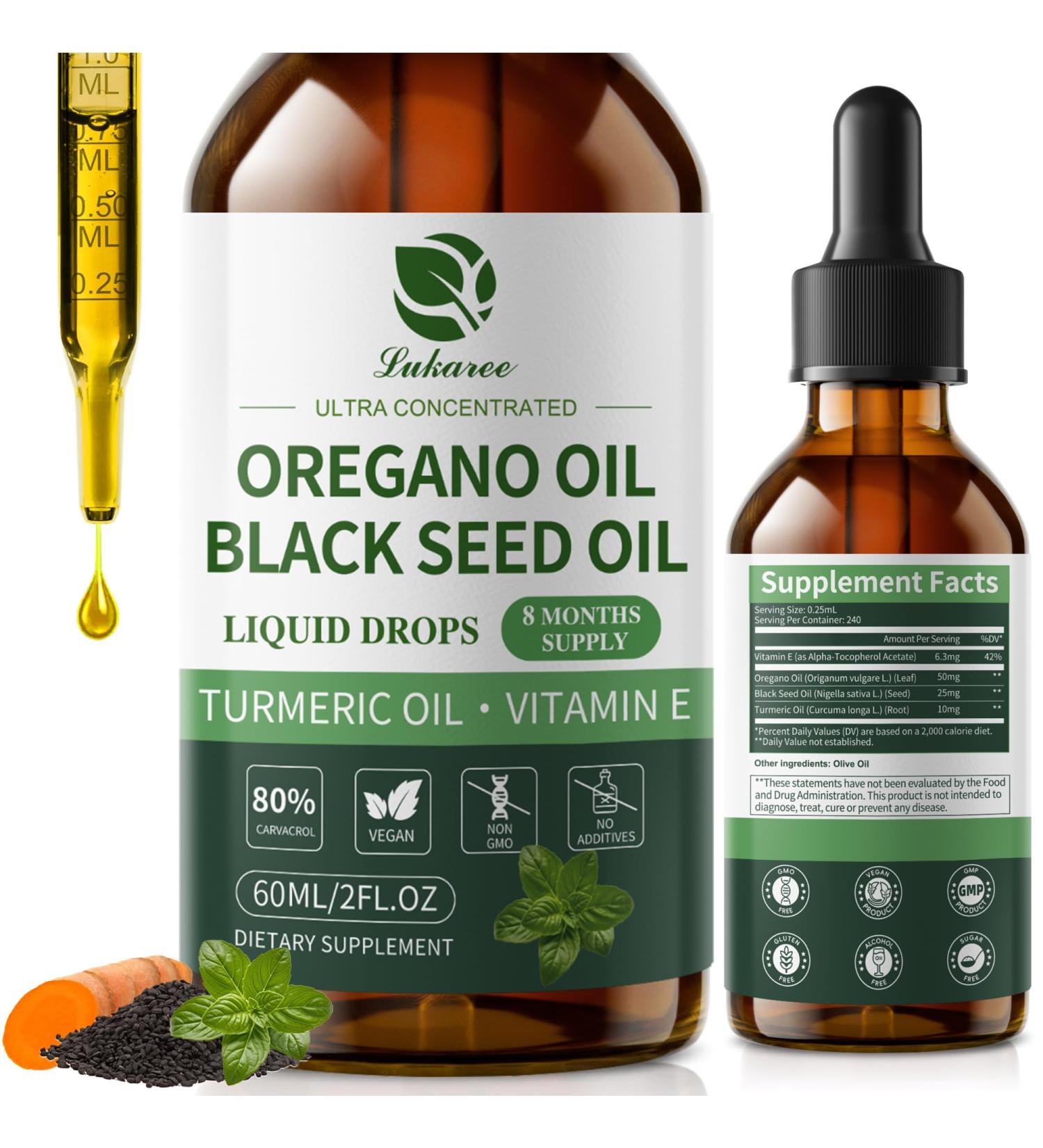 Oil of Oregano Drops with Black Seed Oil Turmeric Oil Vitamin E & Olive Oil Based Immune Digestive Cleanse & Detox* 80% Carvacrol Cold-Pressed Natural Aceite de Oregano 2 Fl Oz 8 Month Supply 2 Fl Oz (Pack of 1) - Buy Online on GoSupps.com