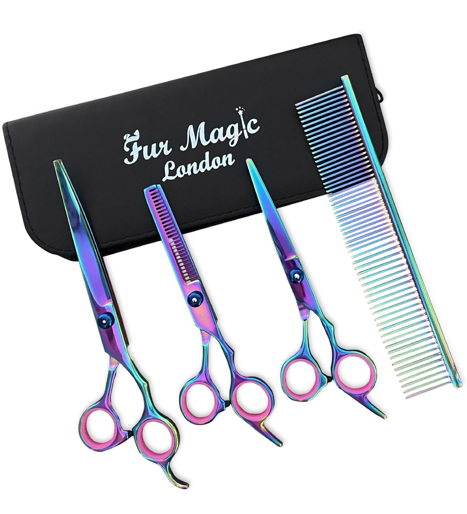 Fur Magic Dog Grooming Scissors Set 4 Pieces Stainless Steel Grooming Products for Dogs and Cats with Straight Scissors Thinning Scissors Curved Scissors and Grooming Comb - Buy Online on GoSupps.com