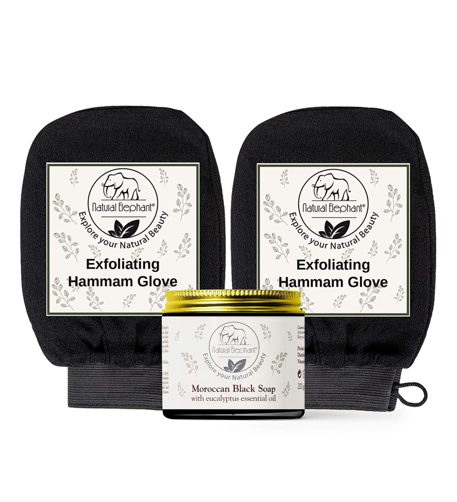 Natural Elephant Moroccan Black Soap 200g + Exfoliating Hammam Glove Combo (2 Pack) - Pure Black | 7oz Soap - Buy Online on GoSupps.com