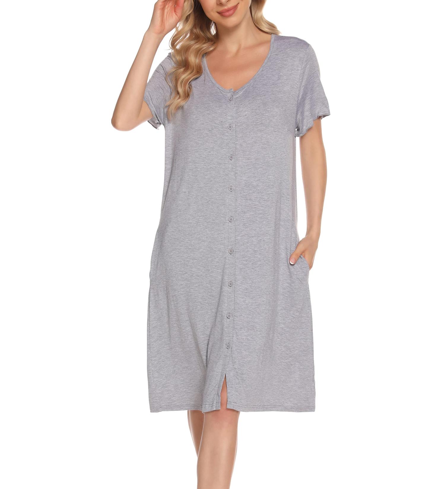 Lovasy Women's Soft Maternity Nightdress with Button Down Front and Pockets - Light Grey XL - Buy Online on GoSupps.com