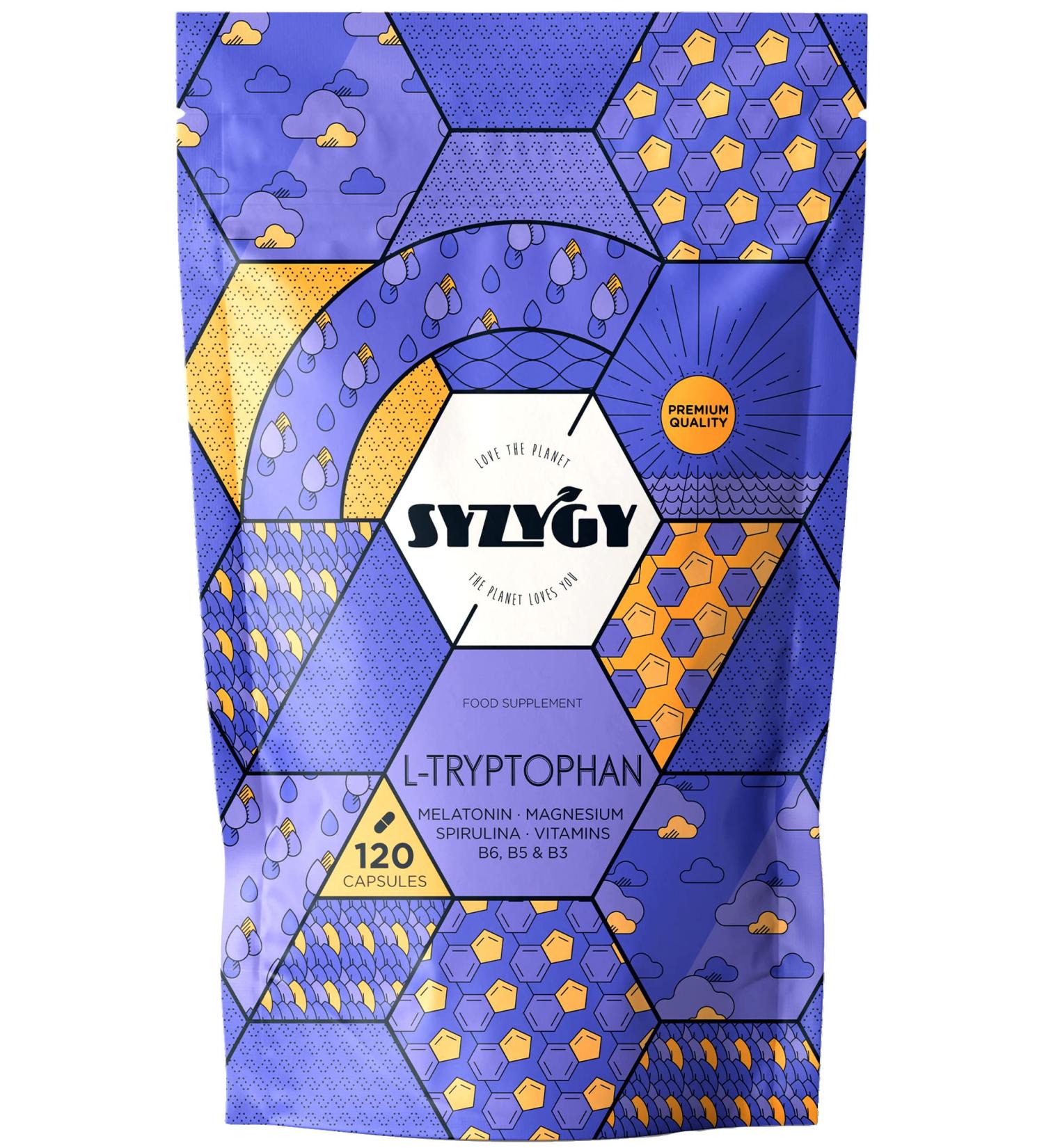 SYZYGY FOOD | Triptophan + Melatonin and Mangesium + Vitamins B6 B5 B3 and Spirulina | 1.78mg Melatonin | 120 Capsules | 600mg Triptophan with Magnesium for Good Sleep - Buy Online on GoSupps.com